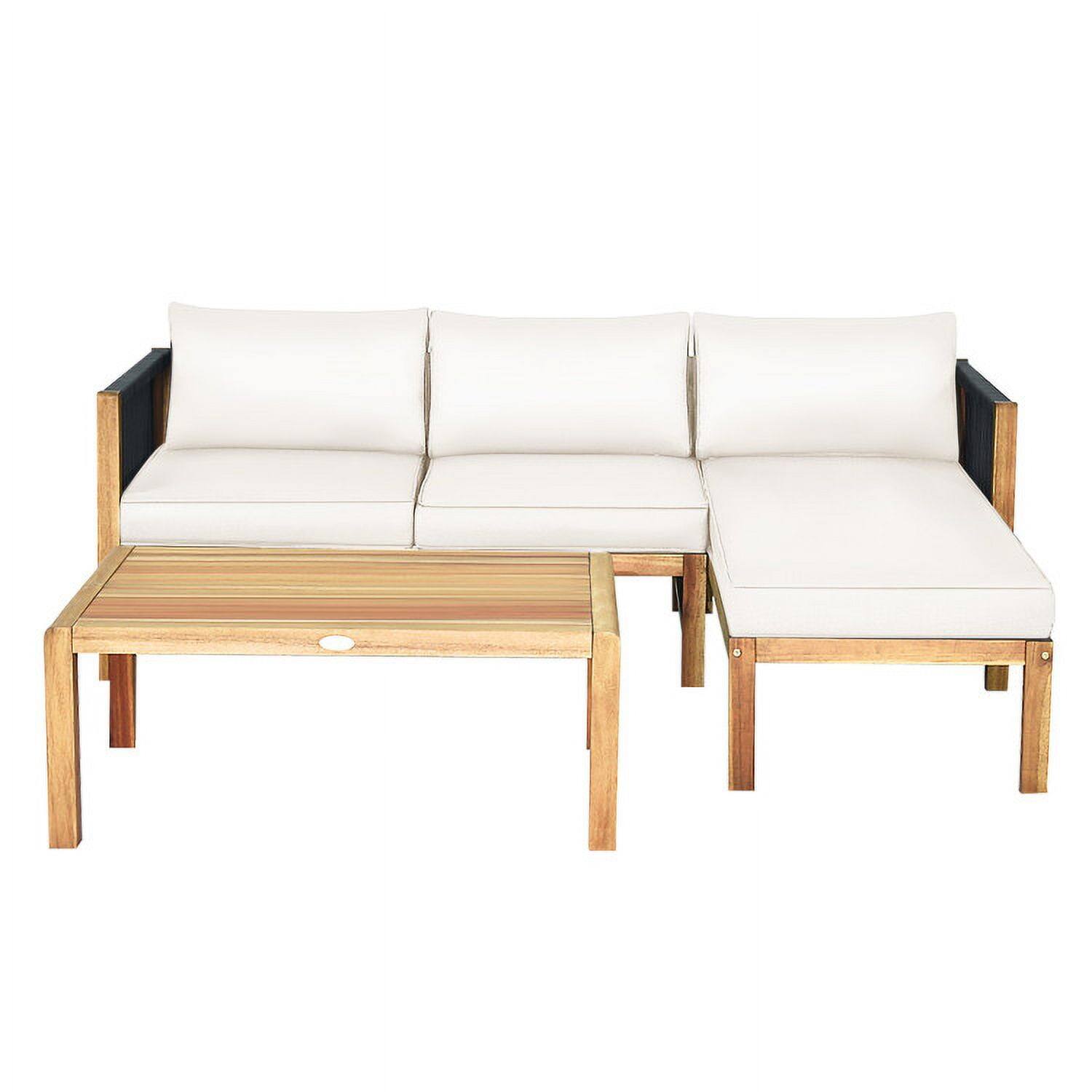 Left. Pefilos - 3 Pieces Patio Acacia Wood Sofa Furniture Set with Nylon Rope Armrest-White, Wicker Furniture Conversation Sets, Coffee - White.