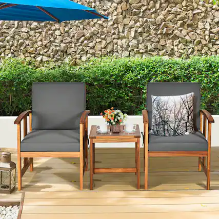 Front. Mondawe - 3 Piece Solid Wood Outdoor Patio Sofa Furniture Set with Thick Cushions - Grey.