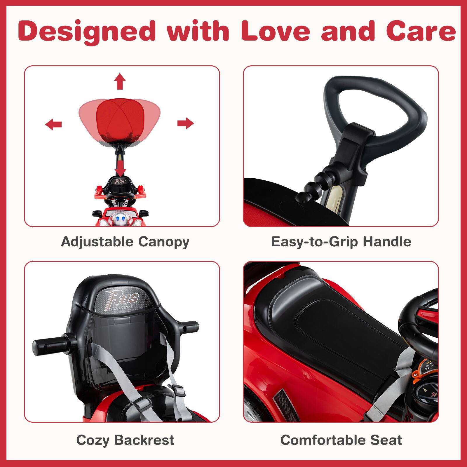 Designed with Love and Care

- Adjustable Canopy
- Easy-to-Grip Handle
- Cozy Backrest
- Comfortable Seat