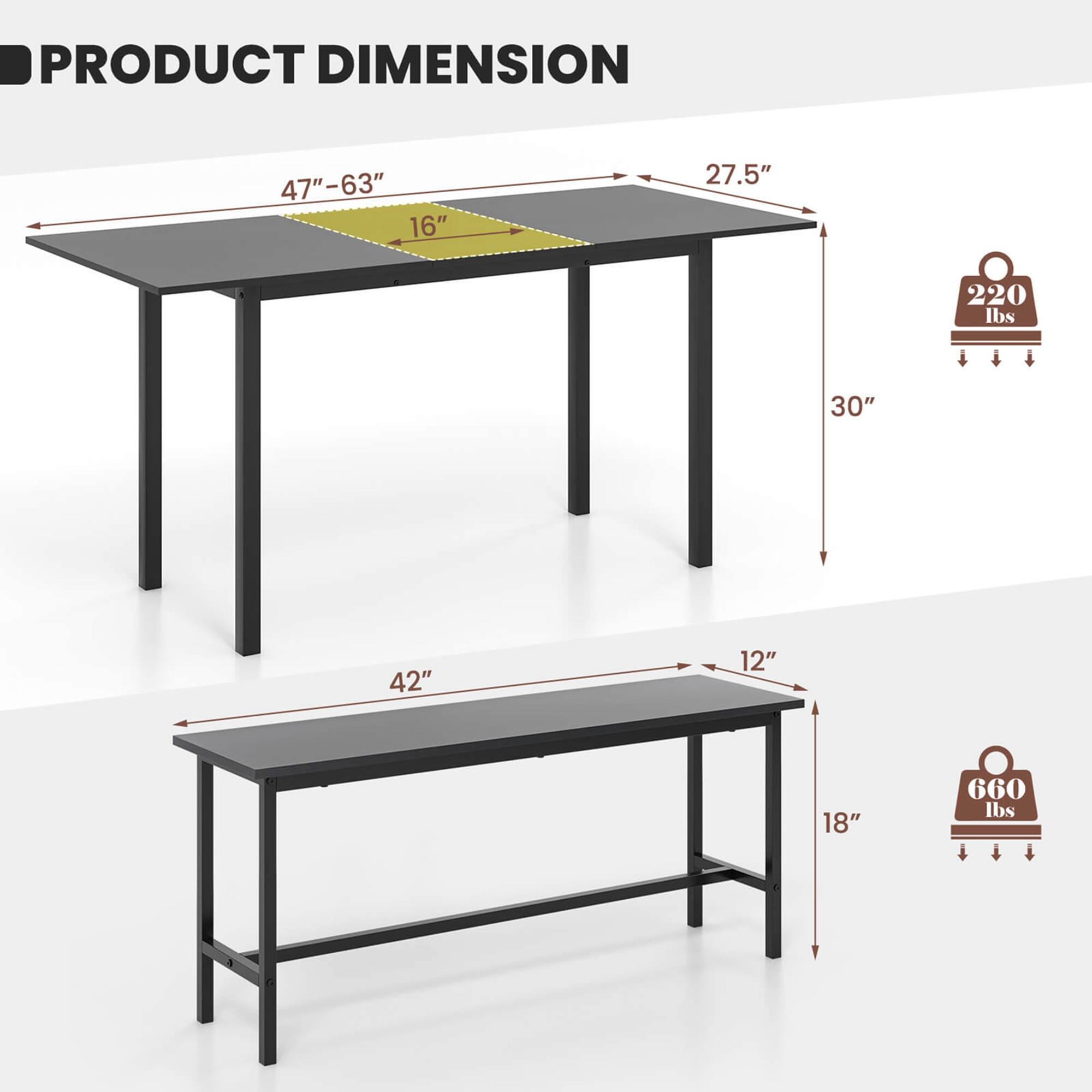 Product Dimension: 47"-63" x 16" x 27.5" x 220 lbs.