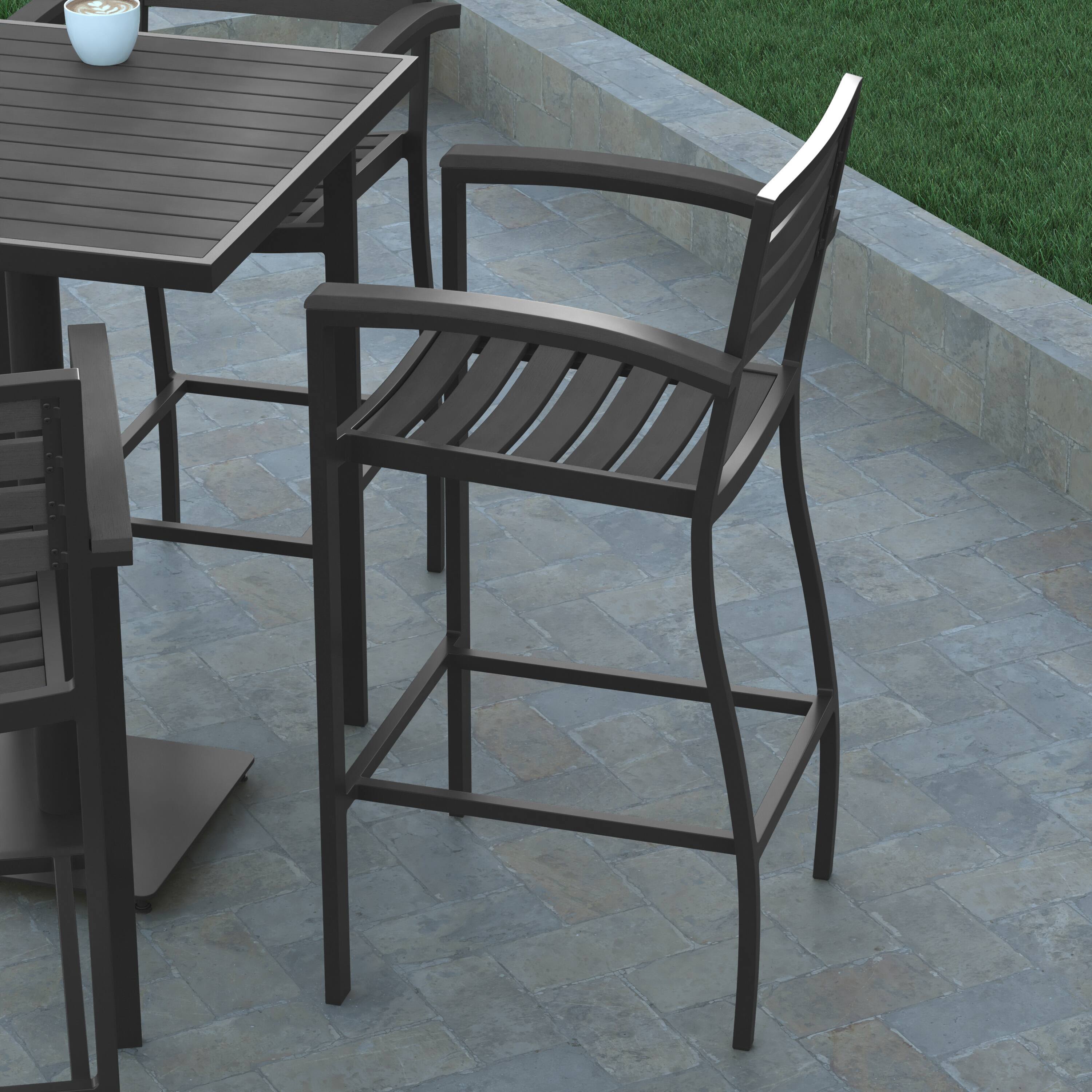 Alt View 3. Emma + Oliver - Livia All-Weather Bar Height Dining Stool with Armrests, Polyresin Slats and Aluminum Frame - Gray Wash.