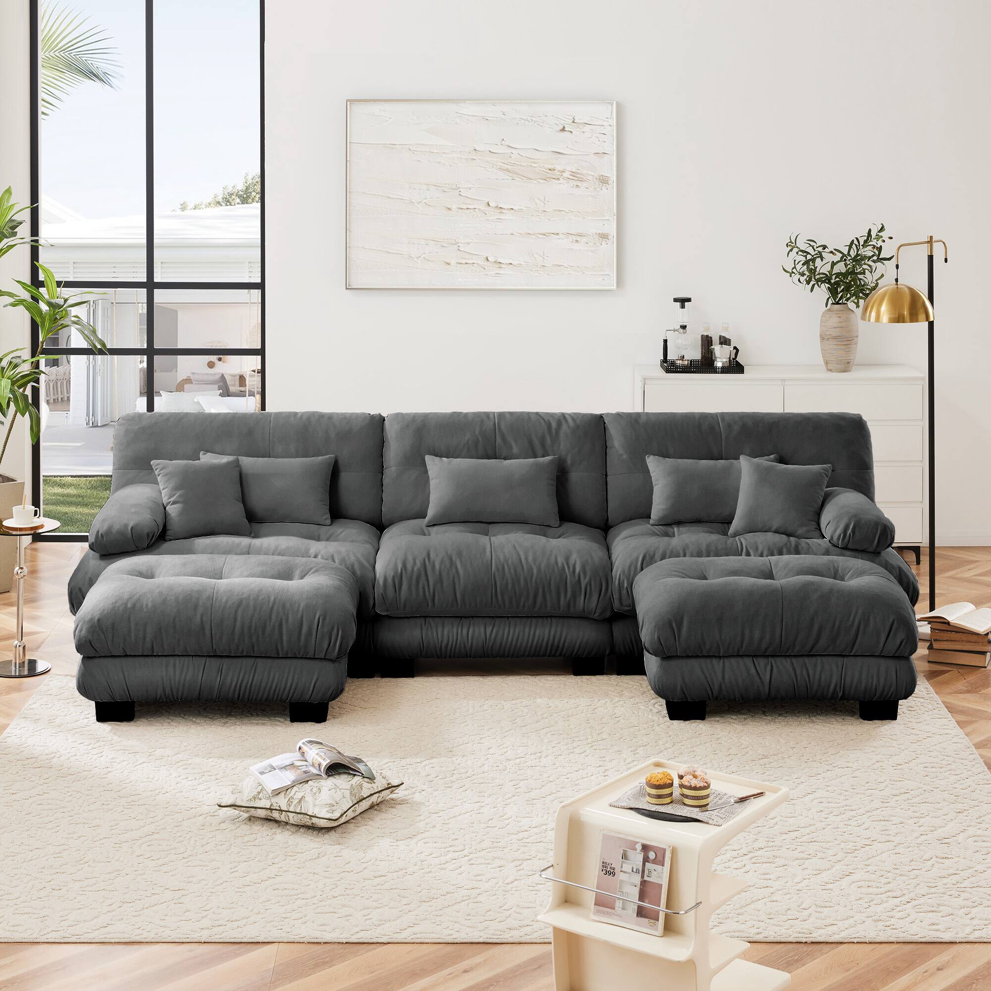 Left. Aukfa - Luxury Modular Sectional Sofa - U-Shaped Cloud Couch with 2 Ottomans, Deep Seat Chenille for Living Room - Dark Gray.