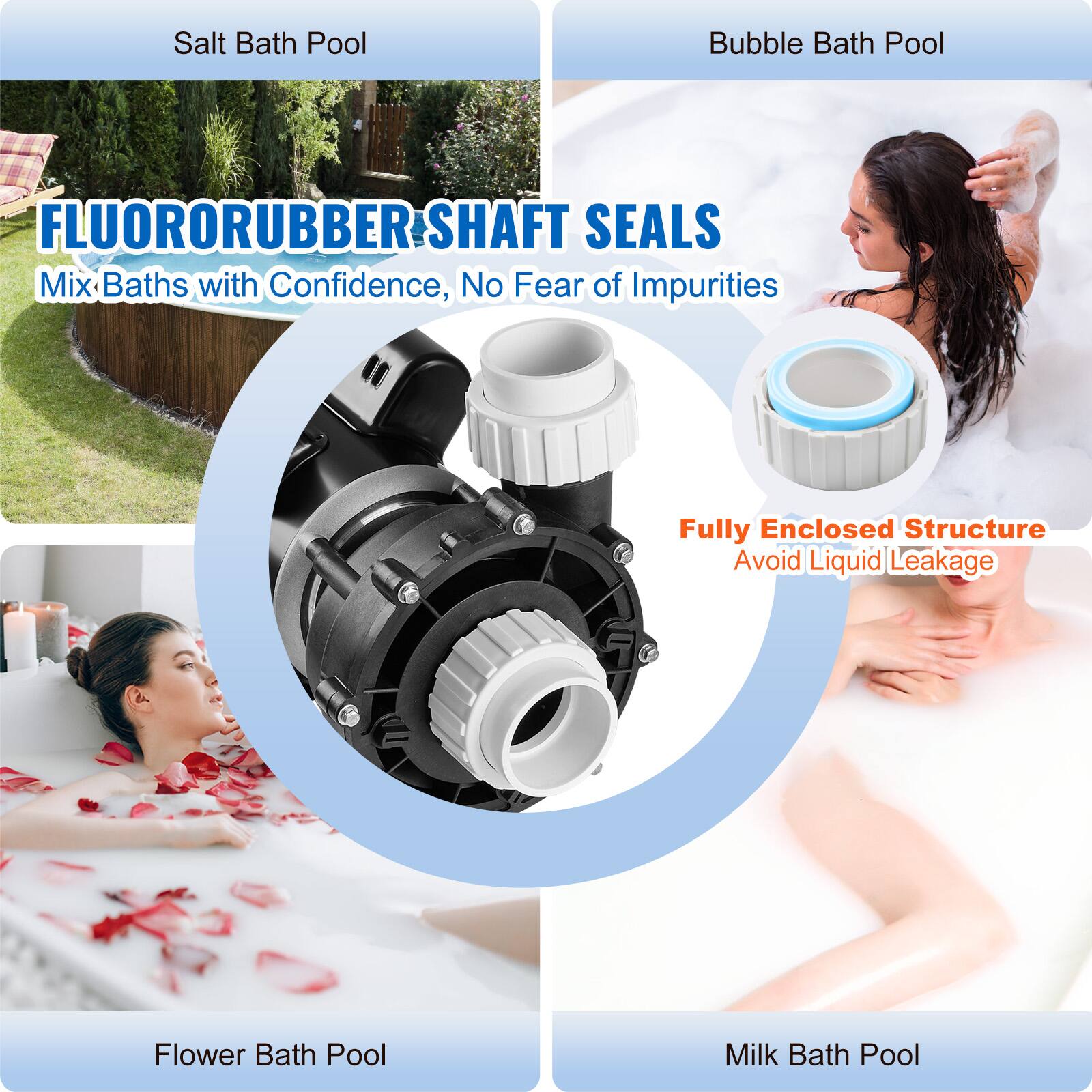 Salt Bath Pool  
Bubble Bath Pool  
FLUORORUBBER SHAFT SEALS  
Mix Baths with Confidence, No Fear of Impurities  
Fully Enclosed Structure Avoid Liquid Leakage  
Flower Bath Pool  
Milk Bath Pool