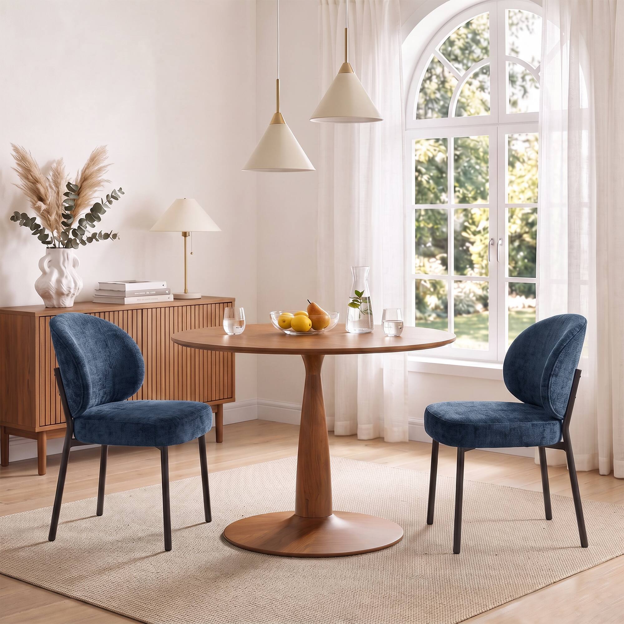 Alt View 4. KERDOM - Modern 2pcs Dining Chair, Upholstered Chenille Kitchen Chair, Widen Curved Backrest, Metal Leg, Armless Restaurant Chair - Blue.