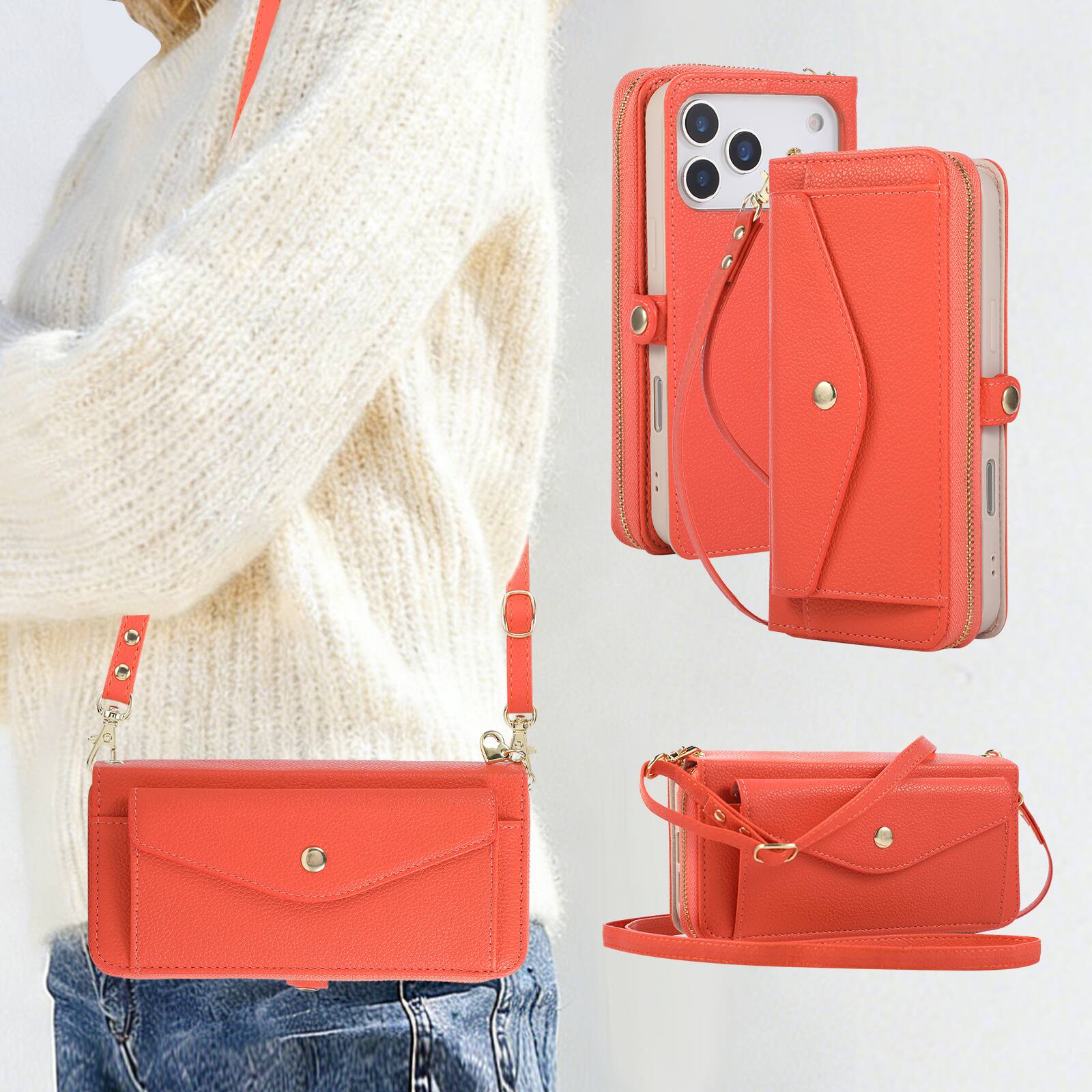 Back. Dteck - Leather Wallet Phone Case for Apple iPhone 17 Pro Max with Crossbody Strap, Shockproof Zipper Pocket Mirror Stand Cover - Orange.