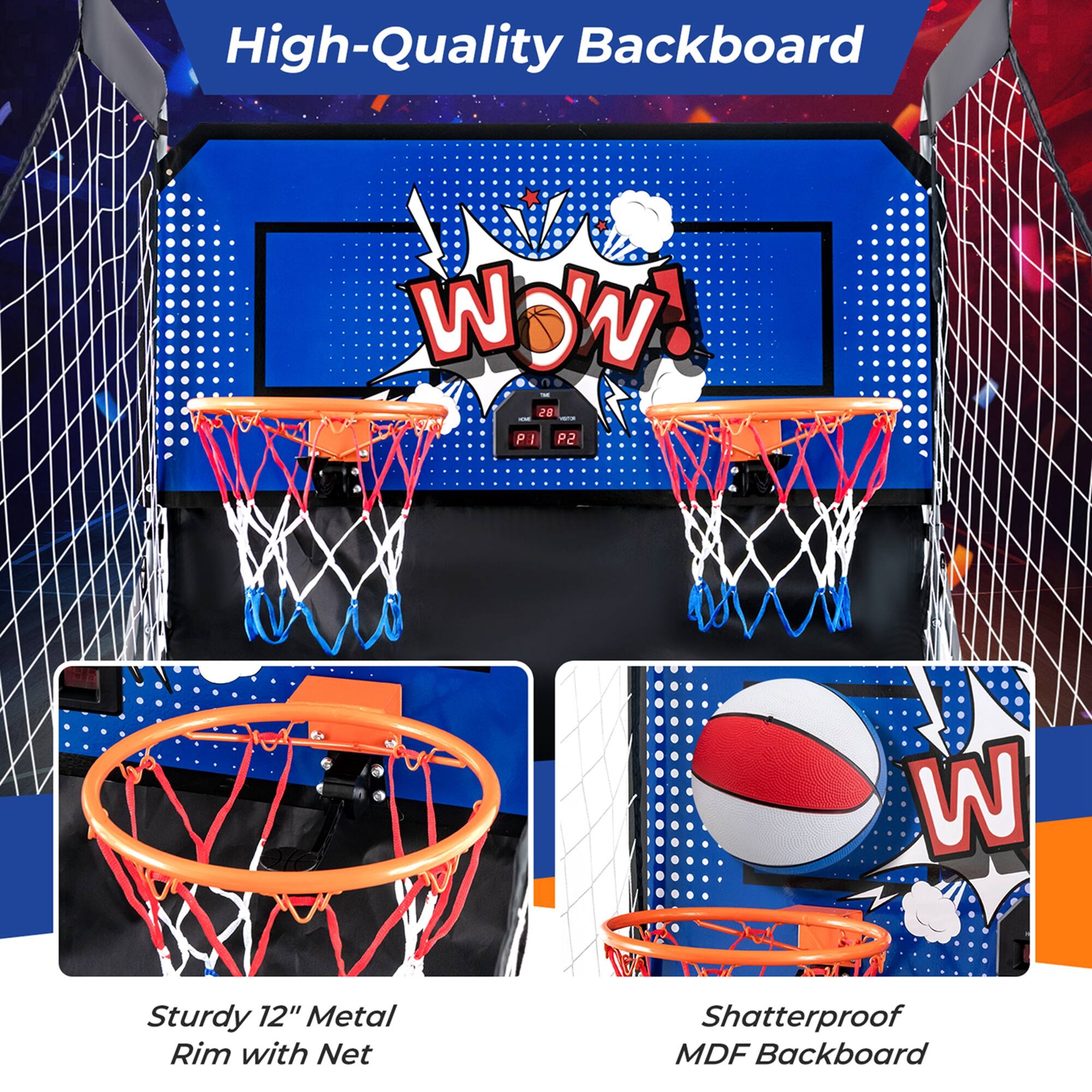 High-Quality Backboard Ov! 28 I 19 59 W Sturdy 12" Metal Rim with Net Shatterproof MDF Backboard