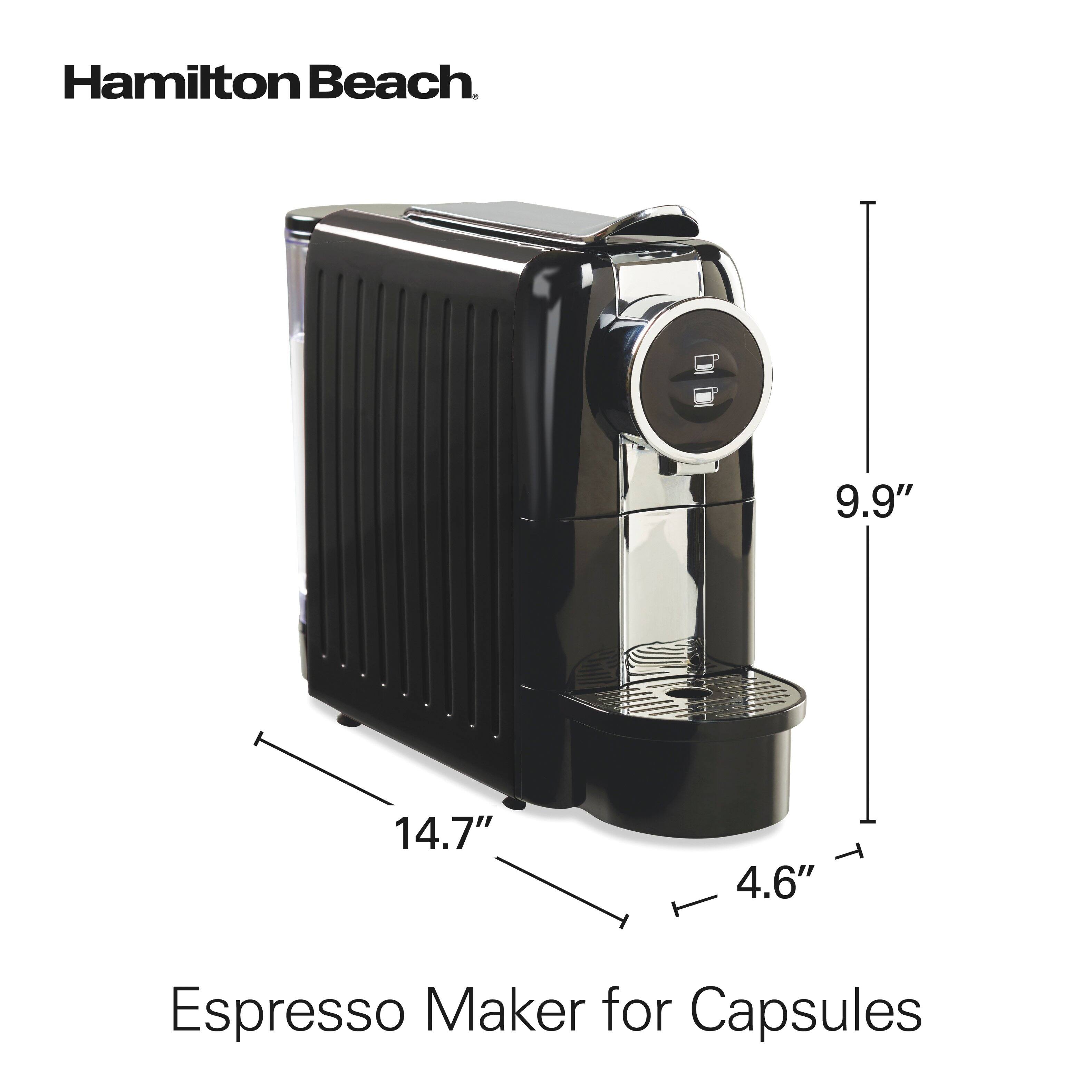 Hamilton Beach  
9.9"  
14.7"  
4.6"  
Espresso Maker for Capsules