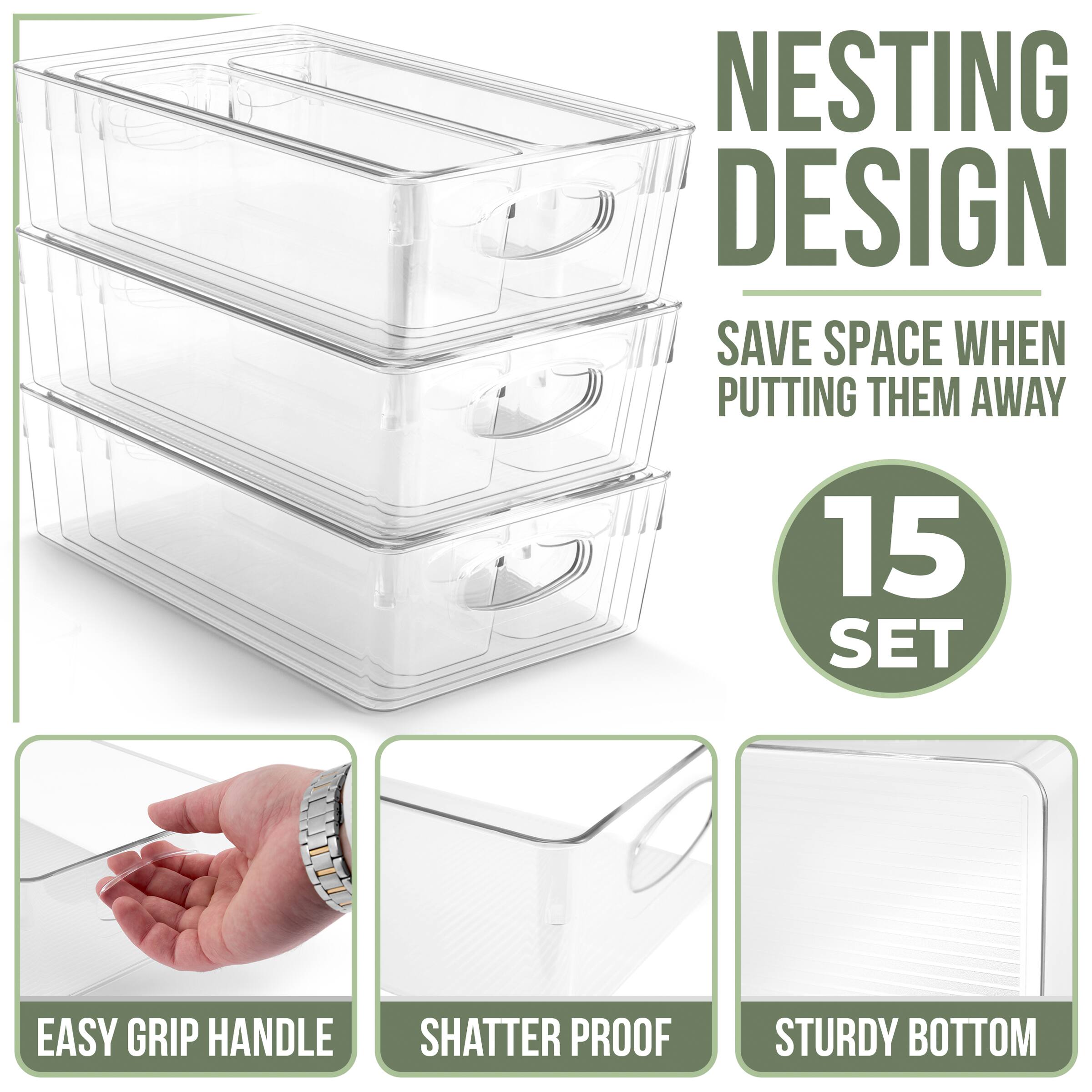 NESTING DESIGN  
SAVE SPACE WHEN PUTTING THEM AWAY  

15 SET  

EASY GRIP HANDLE  
SHATTER PROOF  
STURDY BOTTOM