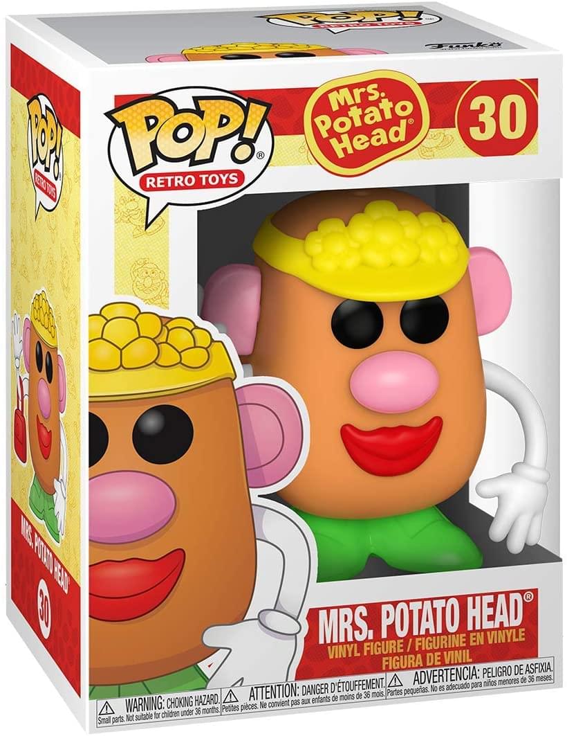 **Front:**
- POP! RETRO TOYS
- Mrs. Potato Head
- 30
- MRS. POTATO HEAD
- VINYL FIGURE / FIGURINE EN VINYLE / FIGURA DE VINIL
- WARNING: CHOKING HAZARD. Small parts. Not suitable for children under 36 months.
- ATTENTION: DANGER DE TETOUFEMENT. Petites pièces. Ne convient pas aux enfants de moins de 36 mois.
- ADVERTENCIA: PELIGRO DE ASFIXIA. Piezas pequeñas. No es adecuado para niños menores de 36 meses.

**Side:**
- POP! RETRO TOYS
- Mrs. Potato Head
- 30

**Back:**
- POP! RETRO TOYS
- Mrs. Potato Head
- 30
- WARNING: CHOKING HAZARD. Small parts. Not suitable for children under 36 months.
- ATTENTION: DANGER DE TETOUFEMENT. Petites pièces. Ne convient pas aux enfants de moins de 36 mois.
- ADVERTENCIA: PELIGRO DE ASFIXIA.