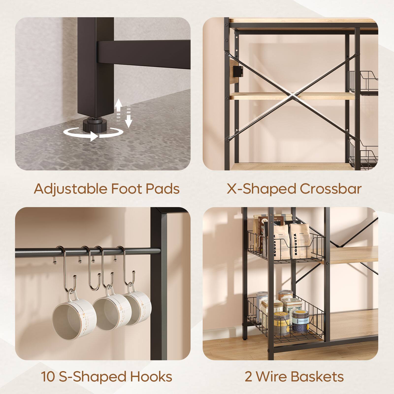 Adjustable Foot Pads  
X-Shaped Crossbar  
10 S-Shaped Hooks  
2 Wire Baskets