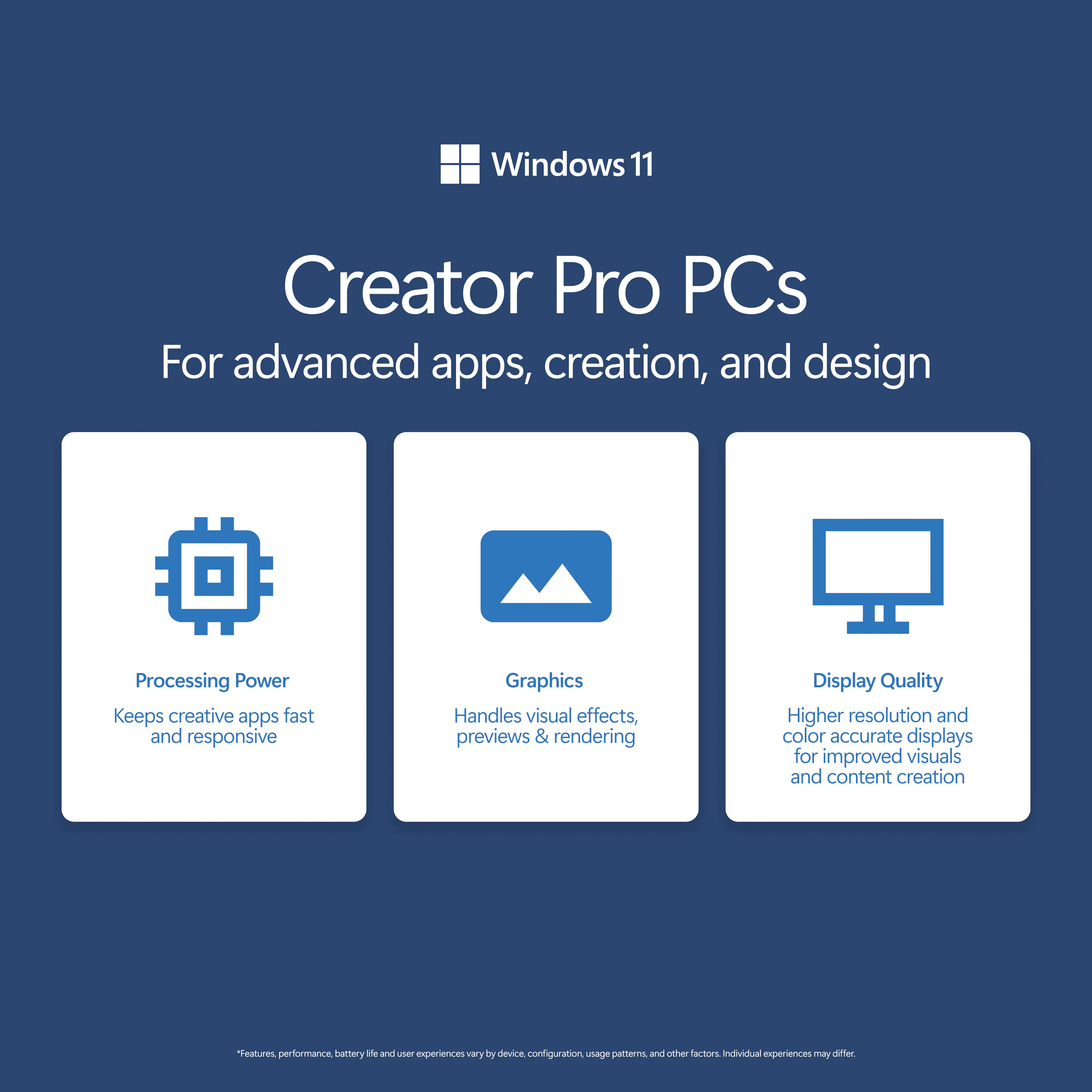 Windows 11 Creator Pro PCs For advanced apps, creation, and design

Processing Power
Keeps creative apps fast and responsive

Graphics
Handles visual effects, previews & rendering

Display Quality
Higher resolution and color accurate displays for improved visuals and content creation

*Features, performance, battery life and user experiences vary by device, configuration, usage patterns, and other factors. Individual experiences may differ.