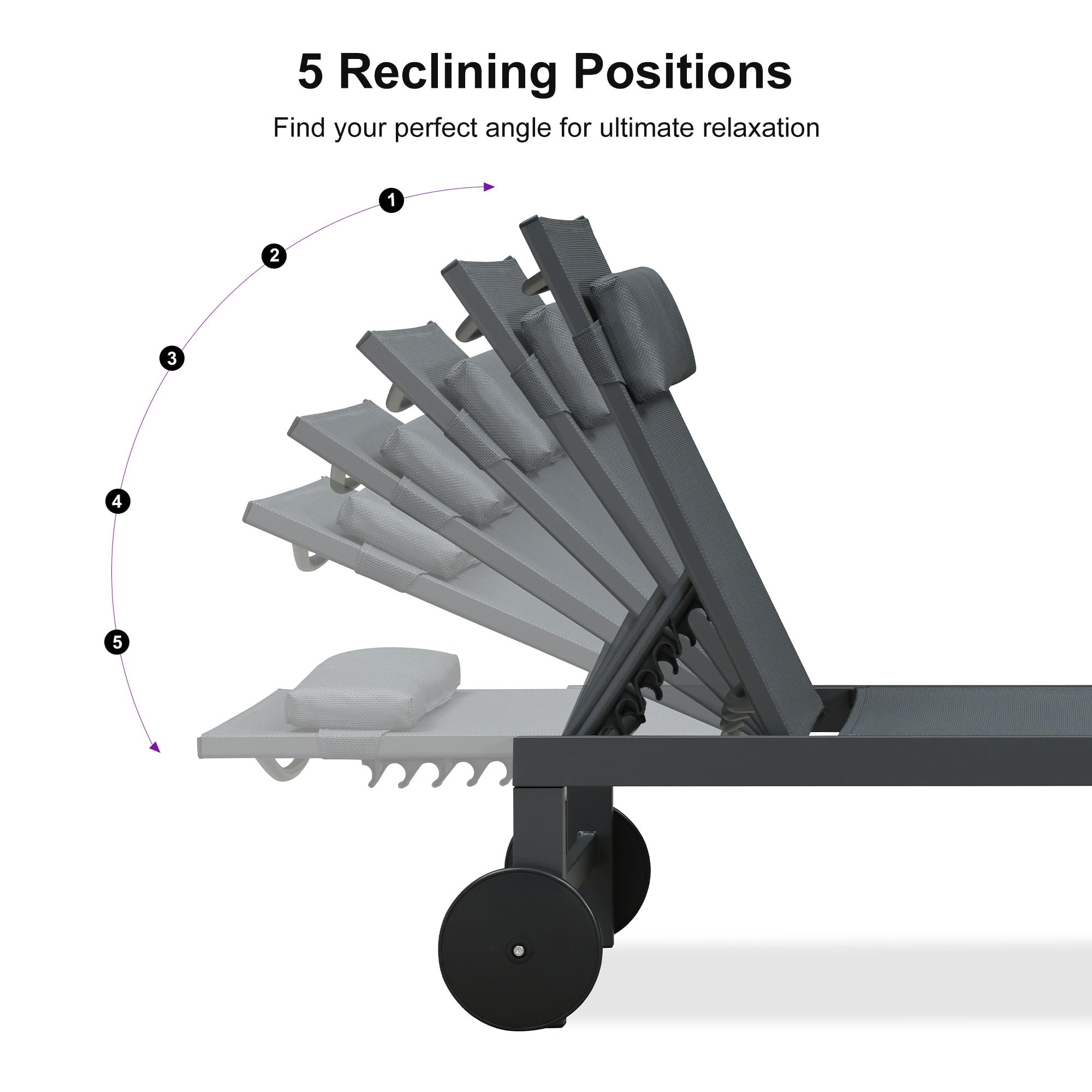 5 Reclining Positions  
Find your perfect angle for ultimate relaxation  

1  
2  
3  
4  
5