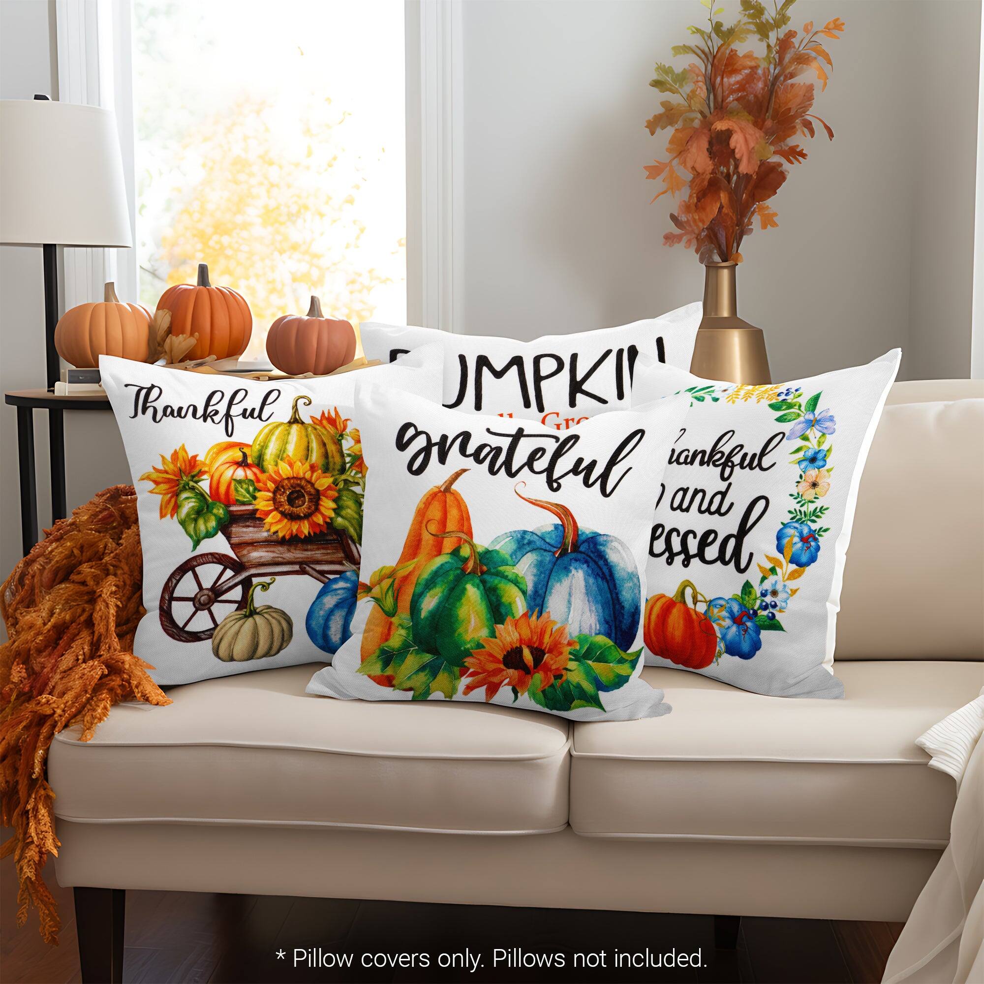 Thankful & Grateful  
JMPKII'  
Grateful and Blessed  

*Pillow covers only. Pillows not included.