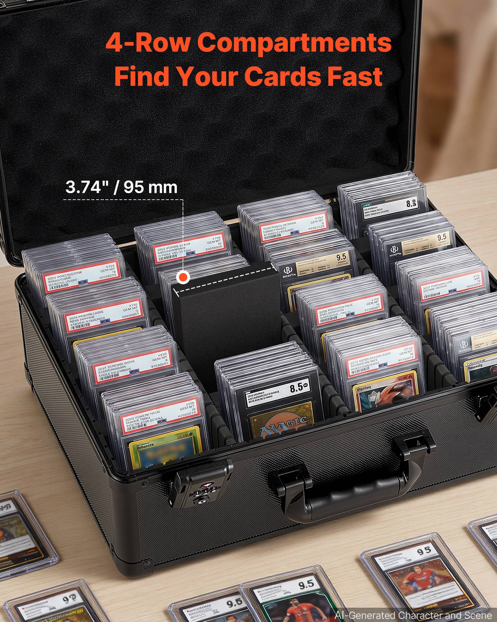 4-Row Compartments Find Your Cards Fast

3.74" / 95 mm

AI-Generated Character and Scene