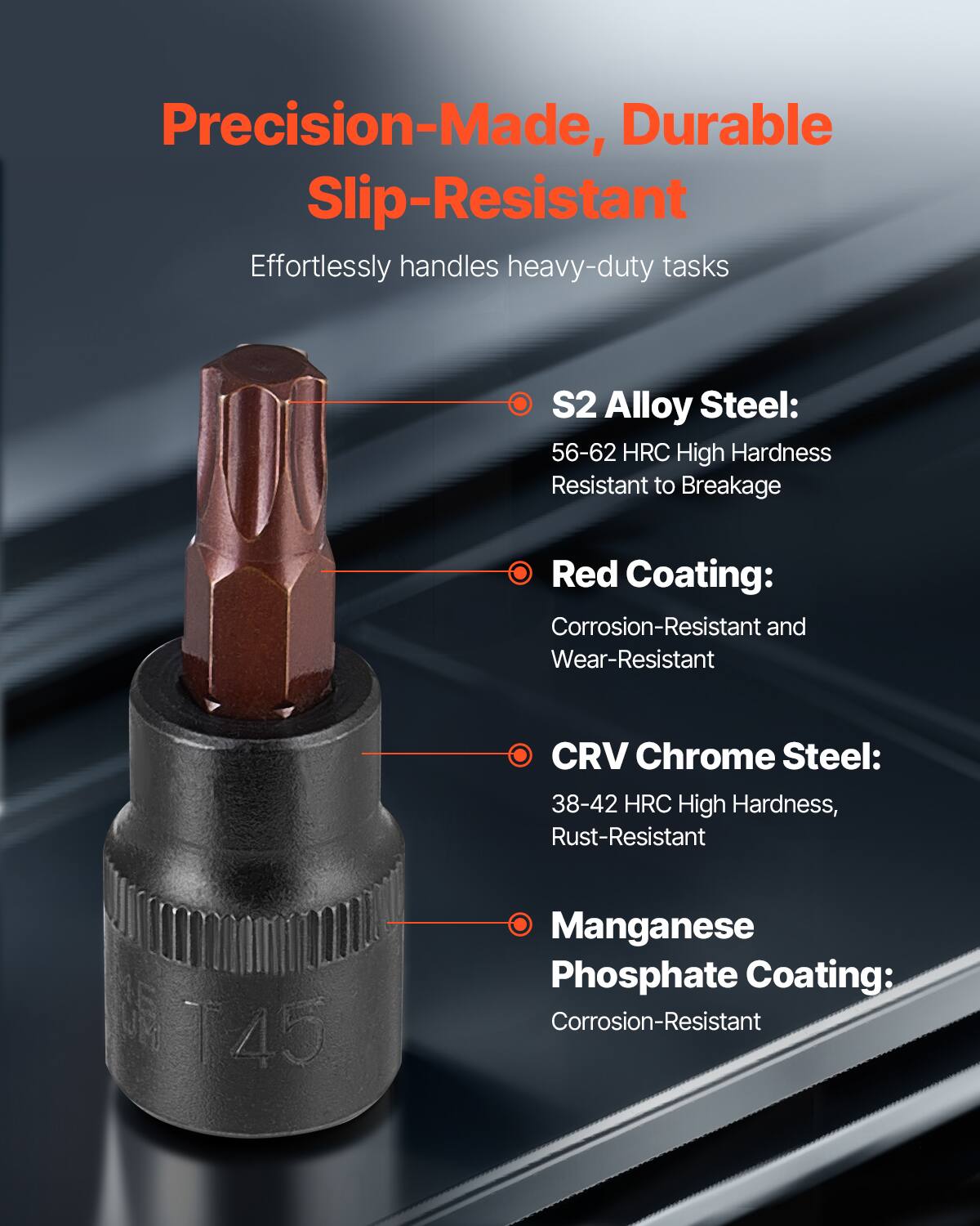 Precision-Made, Durable Slip-Resistant

Effortlessly handles heavy-duty tasks

- S2 Alloy Steel:
  - 56-62 HRC High Hardness
  - Resistant to Breakage

- Red Coating:
  - Corrosion-Resistant and Wear-Resistant

- CRV Chrome Steel:
  - 38-42 HRC High Hardness
  - Rust-Resistant

- Manganese Phosphate Coating:
  - Corrosion-Resistant