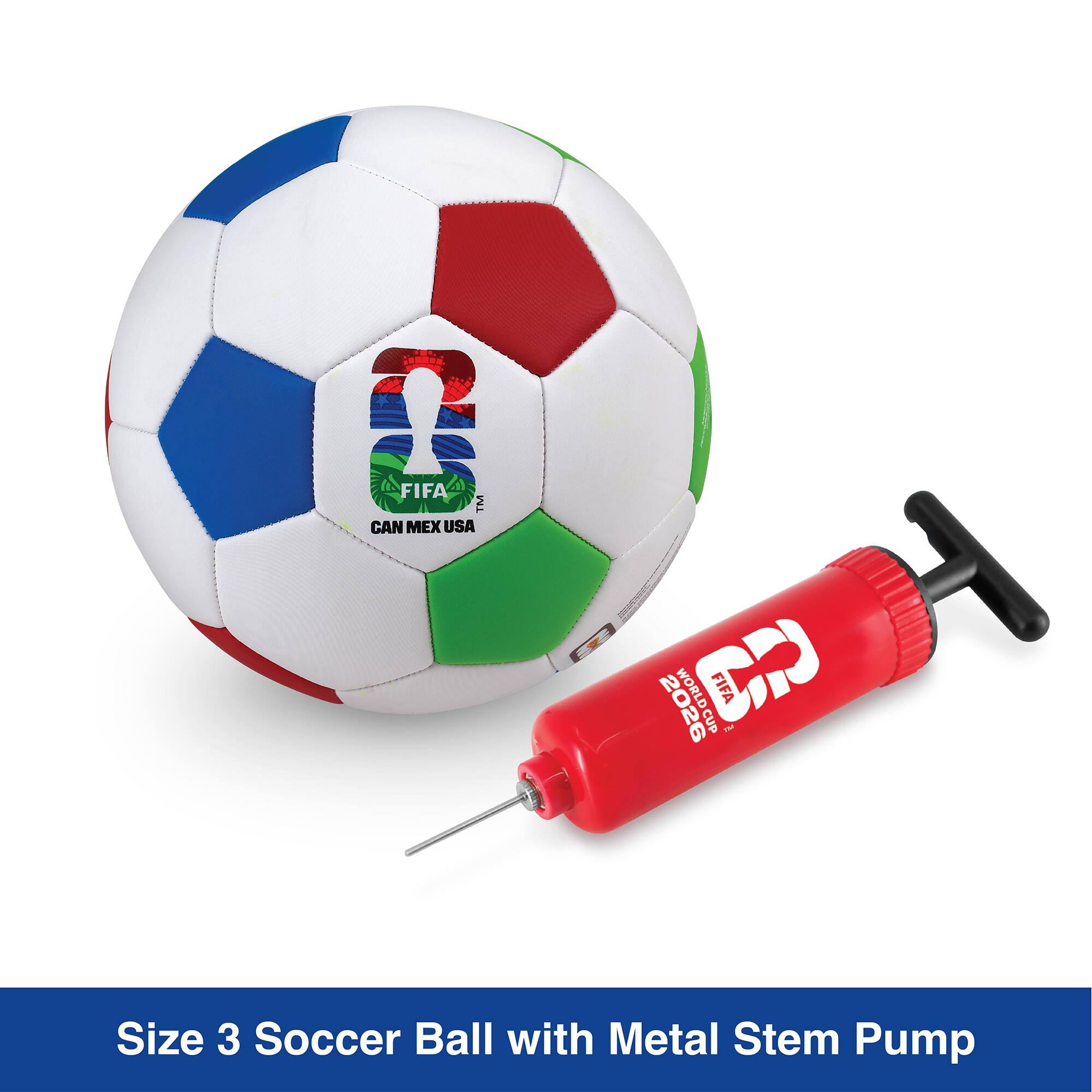 0 FIFA TM CAN MEX USA  
DID 2026 WORLD FIFA CUP por  
Size 3 Soccer Ball with Metal Stem Pump