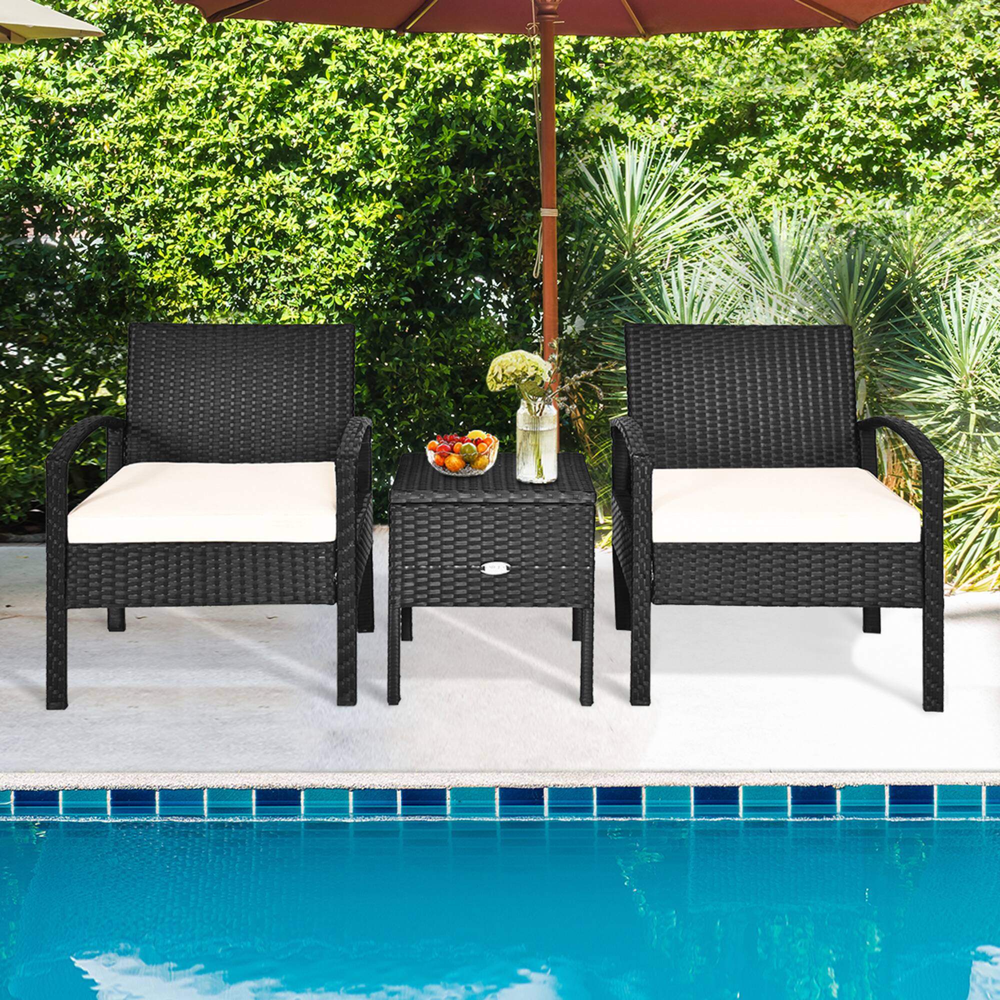 Front. Gymax - Gymax 3PCS Rattan Patio Conversation Set Outdoor Furniture Set w/ Storage Table - Black.