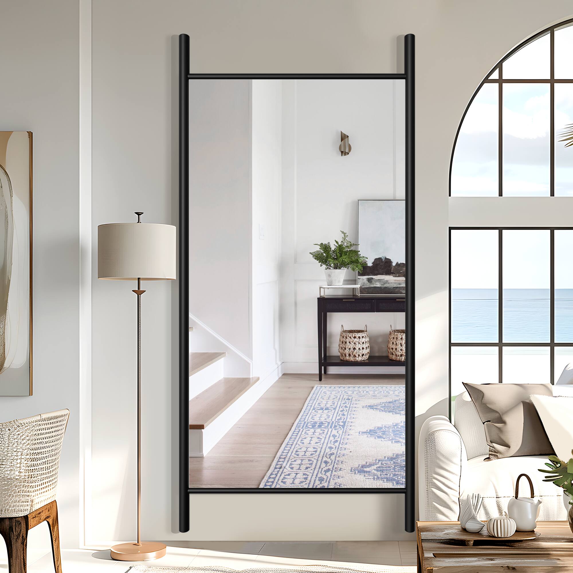 Alt View 2. PexFix - Full Length Mirror 73"x35" Rustic Leaning Ladder Floor Mirror with Wood Frame Dressing Mirror Wall Mounted - Black.