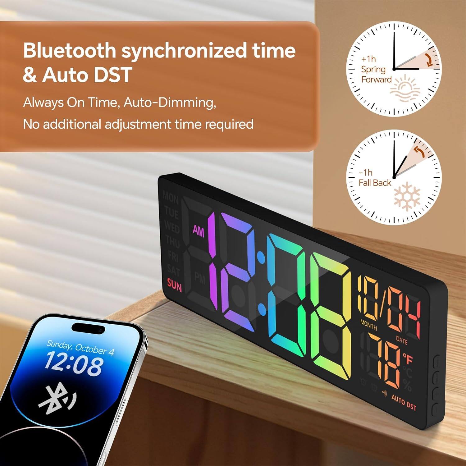 Bluetooth synchronized time & Auto DST  
Always On Time, Auto-Dimming, No additional adjustment time required  

MON TUE WED AM THU FRI SAT SUN PM  
+1h Spring Forward -1h Fall Back  

2 5 Sunday, October 4 12:08  
MONTH DATE F C % AUTO DST