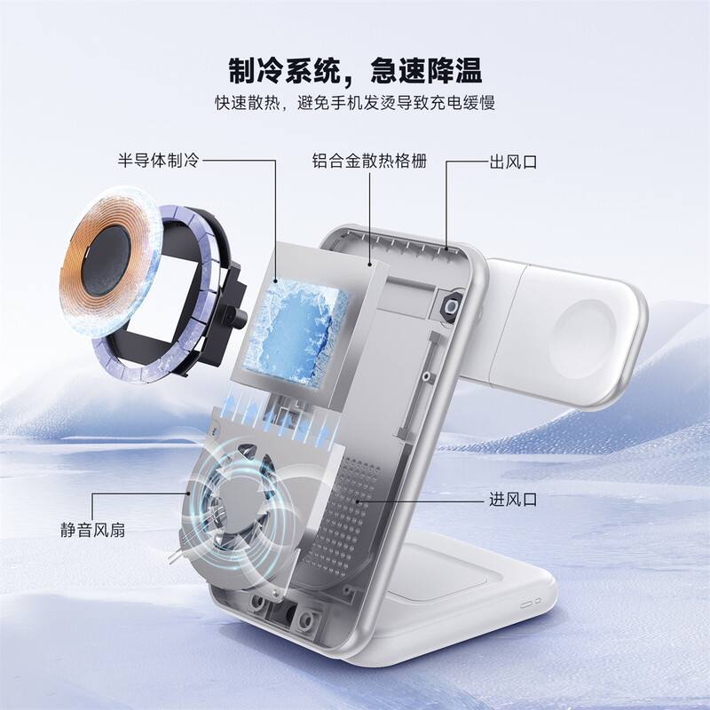 Alt View 1. SKRAN - Qi 2.2 25W Wireless Charger - MagSafe Cooling Triple Wireless Charging Station, Phone Stand for Apple and Samsung - Black.