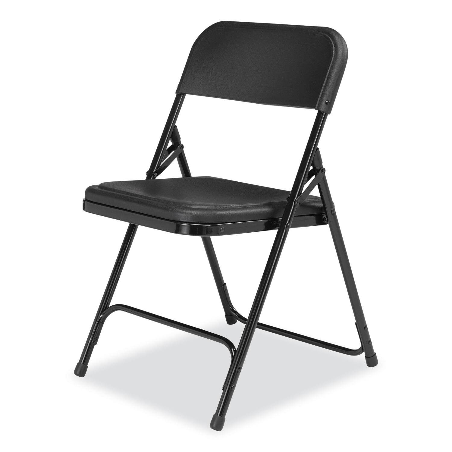 Left. National Brand - 800 Series Plastic Folding Chair Supports Up to 500 lb 18 Seat Height Black Seat Black Back Black Base 4/Carton - Black.