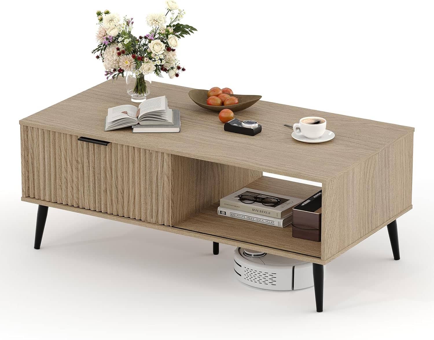 Acekool - 41.34" Farmhouse Coffee Table, 2-Tier Modern Center Table with Sliding Wave Door - Multiple colors/finishes