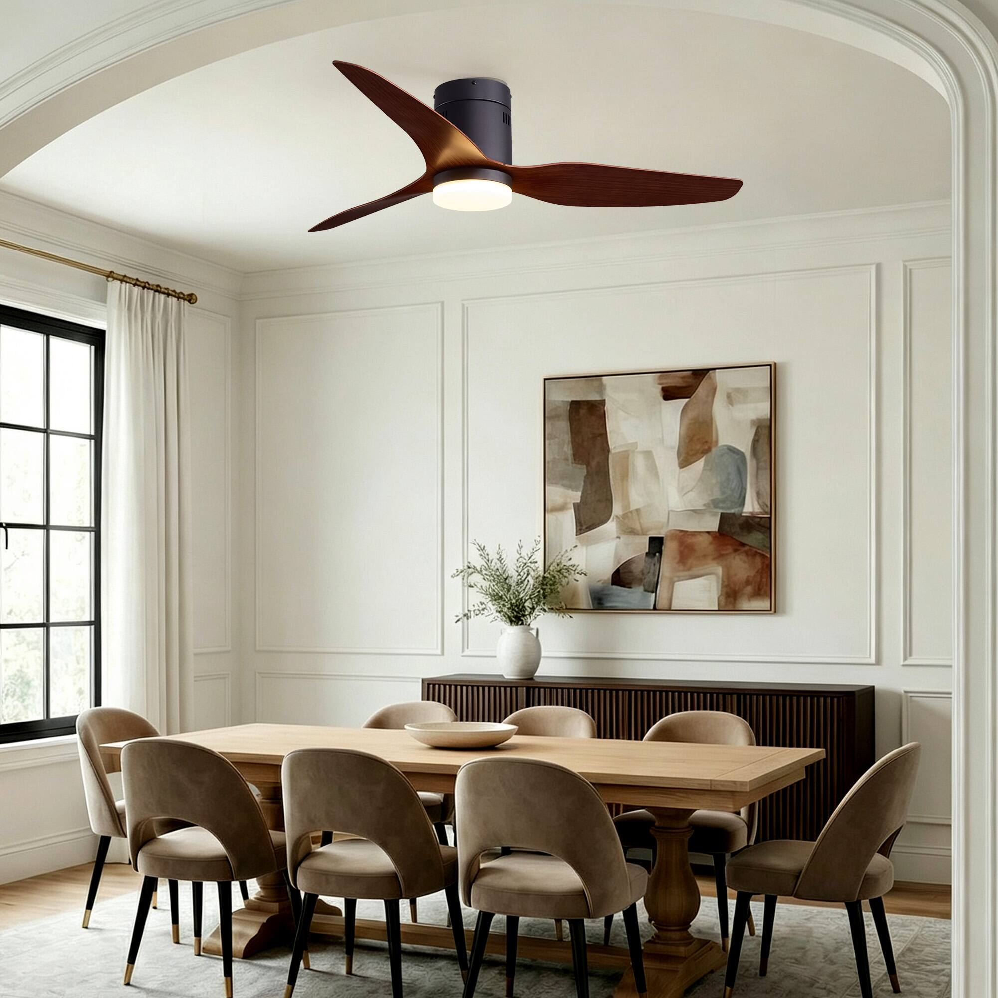 Left. Siljoy - 52 Inch Low Profile Flush Mount Ceiling Fan LED Light Black Walnut 3 Wood Blades Remote for Bedroom Living Room - Brown.