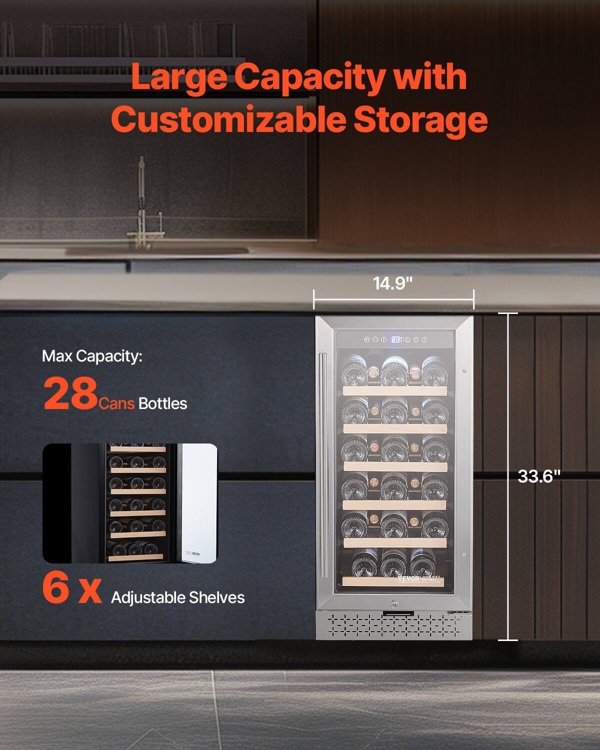 Large Capacity with Customizable Storage

Max Capacity: 28 Cans Bottles

6 x Adjustable Shelves

14.9" x 33.6"
