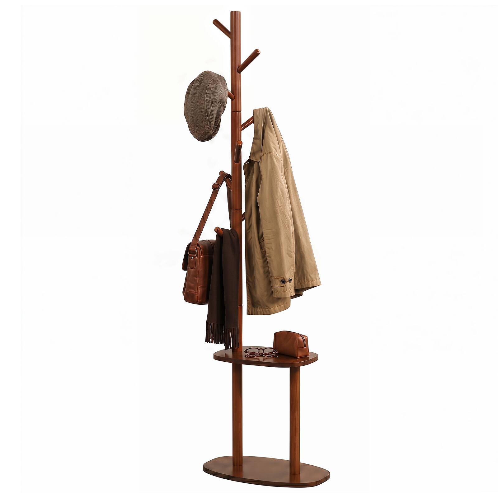 Costway - Coat Rack, Freestanding Hall Tree with 8 Rubber Wood Hooks and 2 Storage Shelves - Walnut