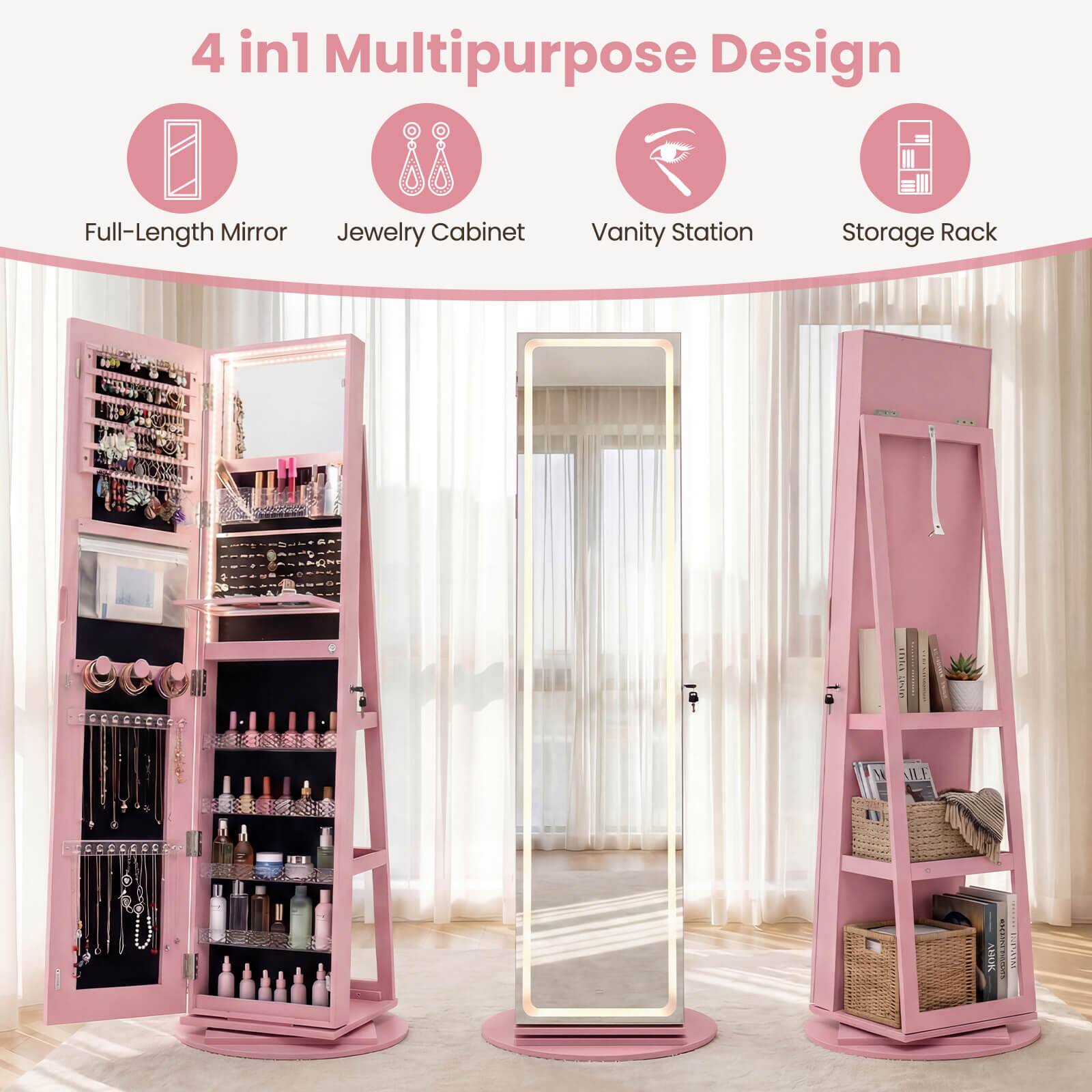 4 in1 Multipurpose Design Full-Length Mirror Jewelry Cabinet Vanity Station Storage Rack