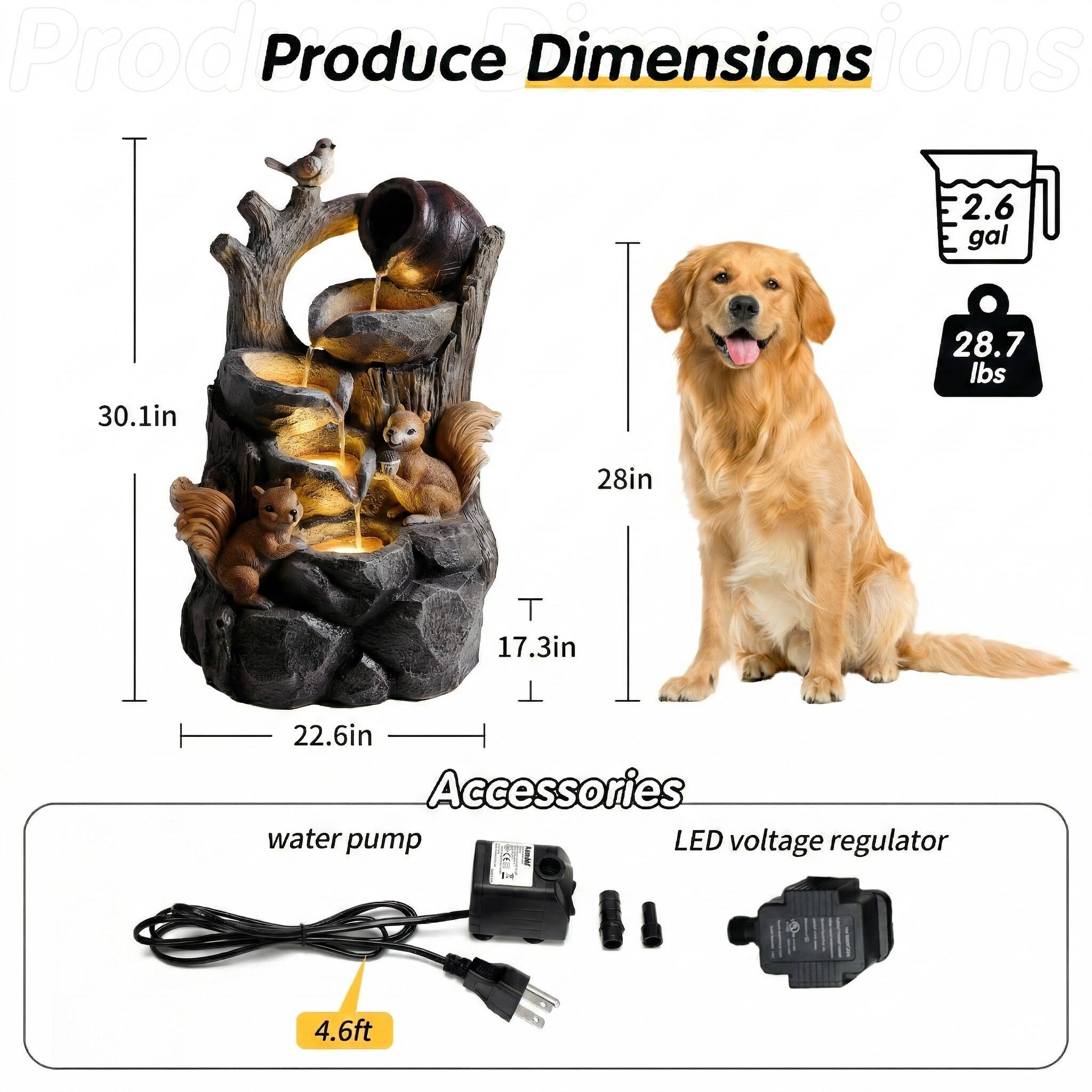 **Produce Dimensions**

- **Dimensions:**
  - 2.6 gal
  - 30.1 in
  - 28.7 lbs
  - 28 in
  - 17.3 in
  - 22.6 in

**Accessories:**
- Water pump
- LED voltage regulator
- 4.6 ft