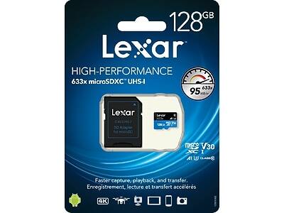 Lexar
128GB
HIGH-PERFORMANCE
633x microSDXC UHS-I
95 MB/s
Faster capture, playback, and transfer.
Enregistrement, lecture et transfert accélérés
4K
V30
XC I
A1
Lexar LeNa MID