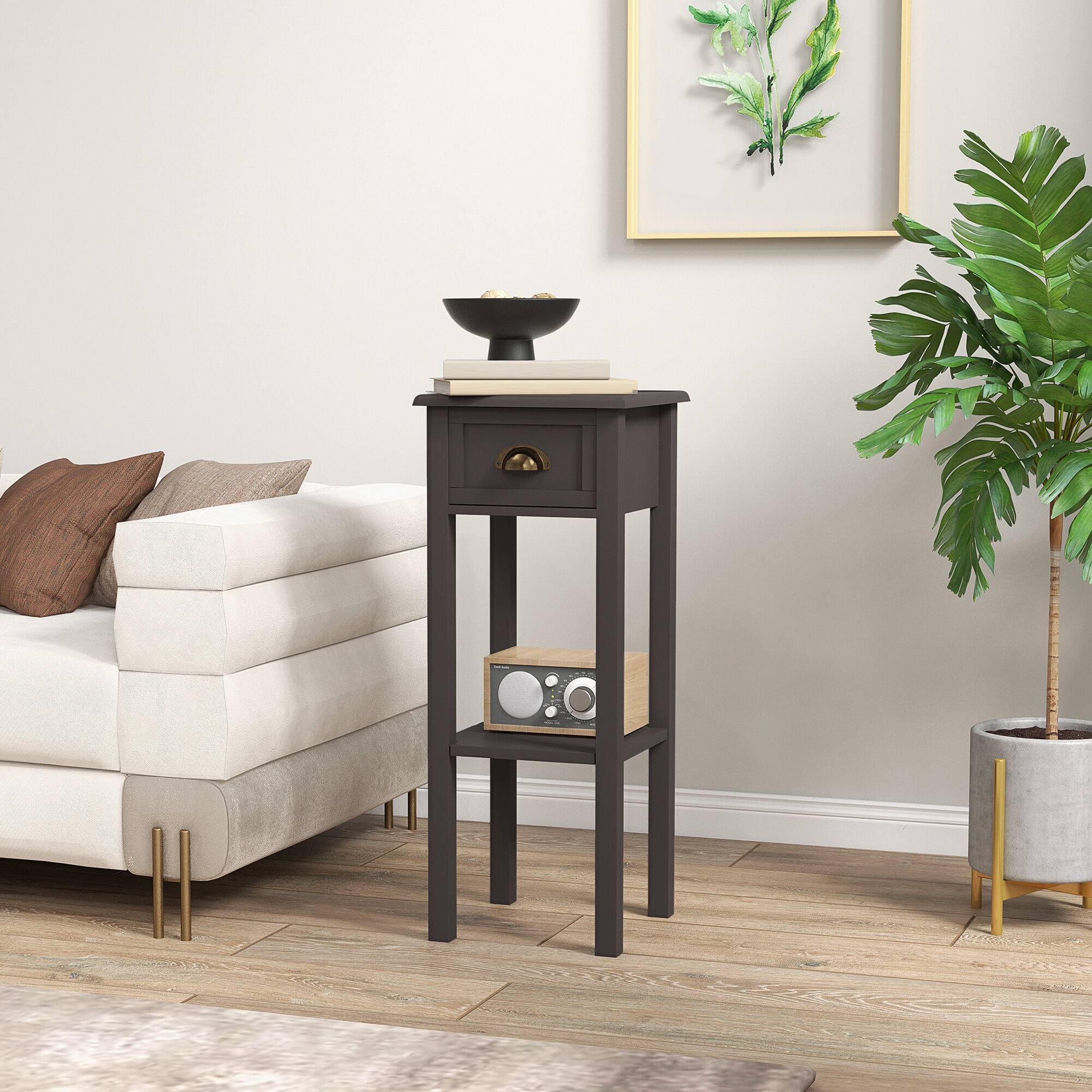 Alt View 2. Homcom - 2-Tier Side Table with Drawer, Narrow End Table with Bottom Shelf, for Living Room, Set of 1 - Coffee.