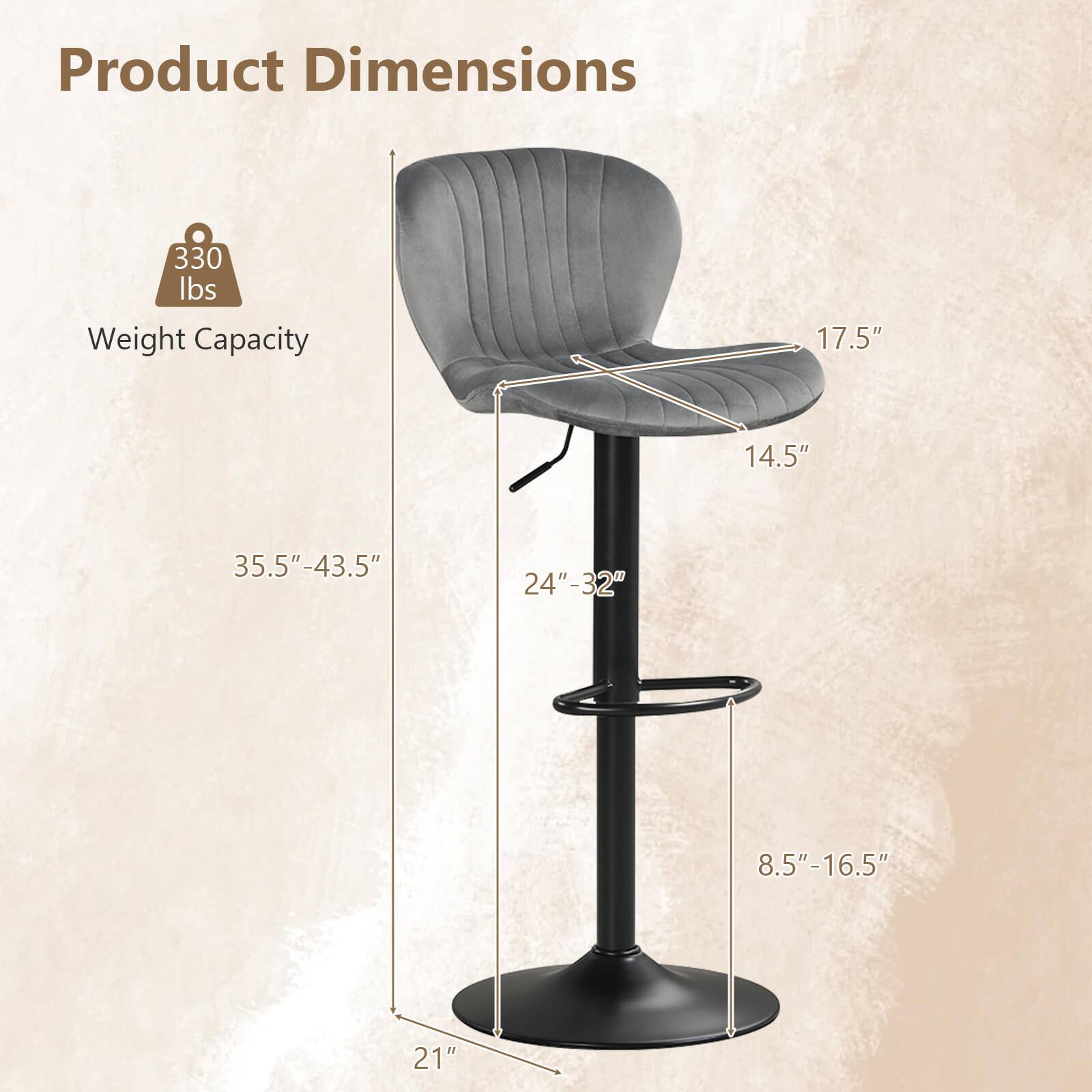 Product Dimensions

330 lbs Weight Capacity

17.5"  
14.5"  
35.5"-43.5"  
24"-32"  
8.5"-16.5"  
21"