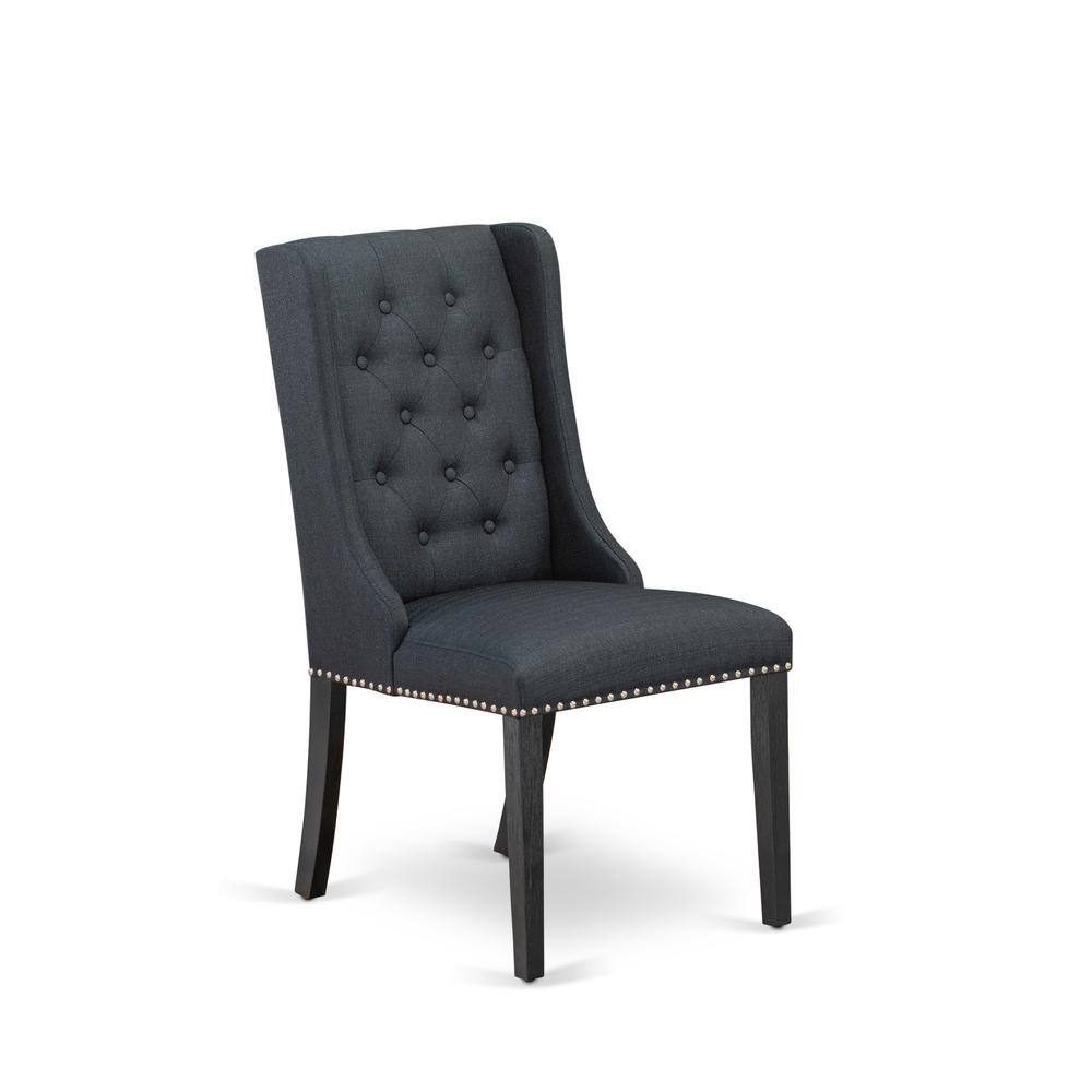 Alt View 2. East West Furniture - Black Linen Fabric Parson Dining Chairs and Button Tufted Back with Wire Brushed Black Rubber Wood Legs - Set of 2 - Black.