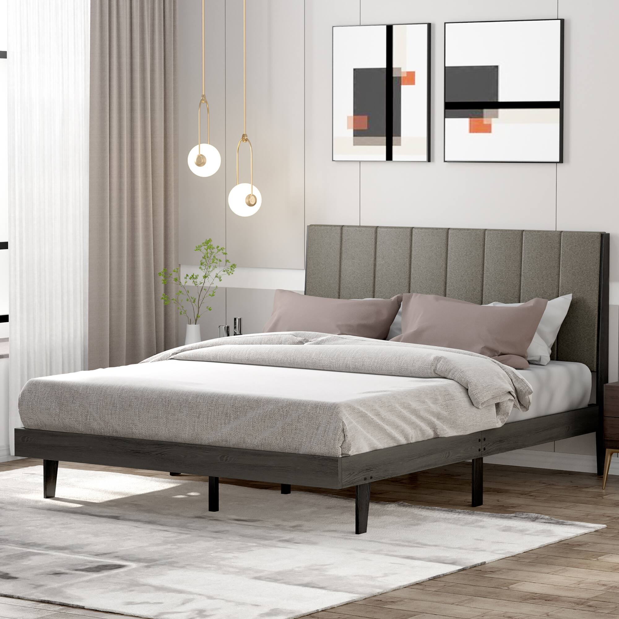 Alt View 4. Costway - Costway Upholstered Tufted Bed Wood Platform Mattress Foundation Headboard Queen - Grey.