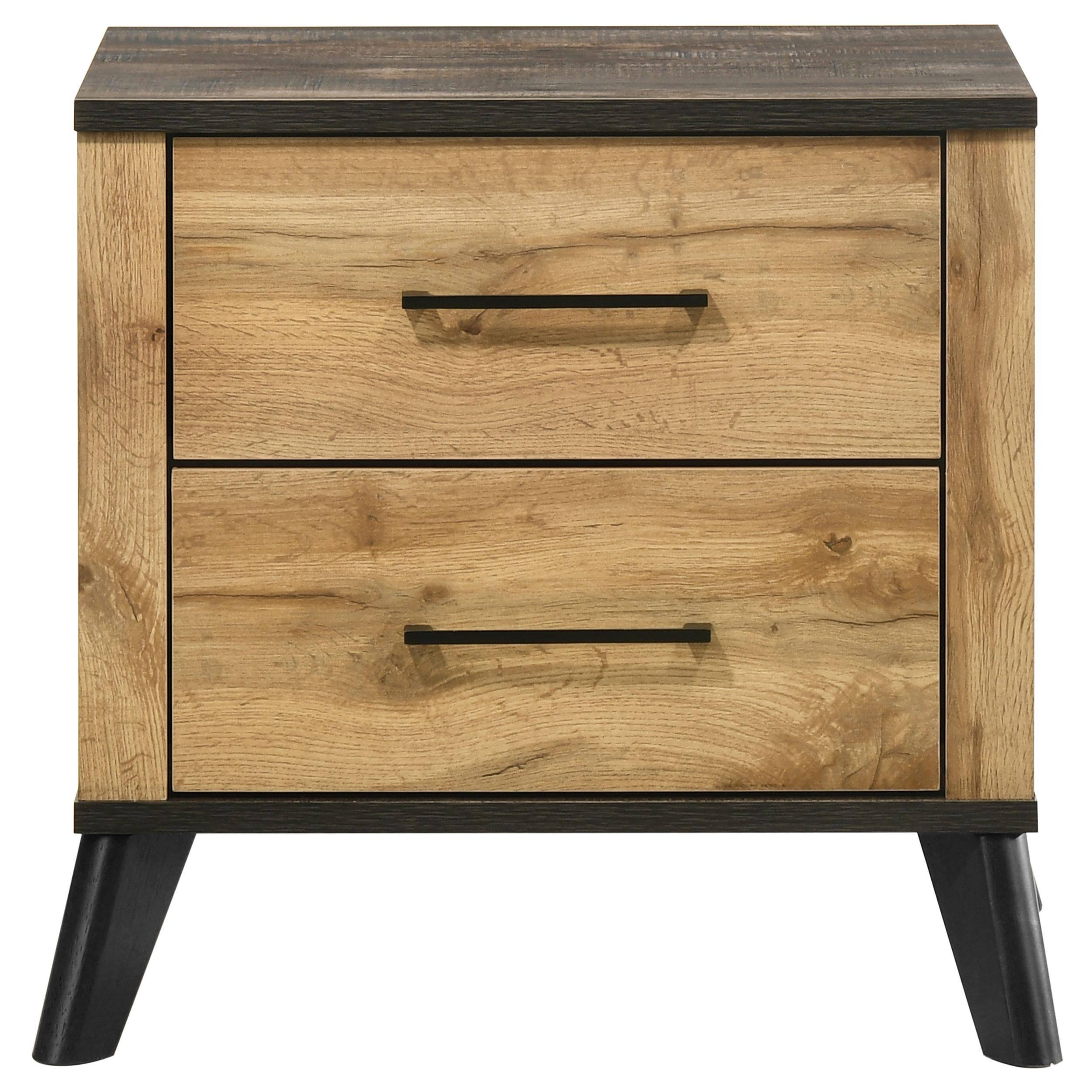 Angle. Manhattan Lane - Wemy Nightstand with 2 Drawers, Metal Legs, Weathered Pine Wood - Dark Brown, Black.