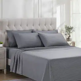 Sweet Home Collection - 6 Piece Embossed Dobby Stripe Sheet Set, Double Brushed Microfiber, California King - Silver