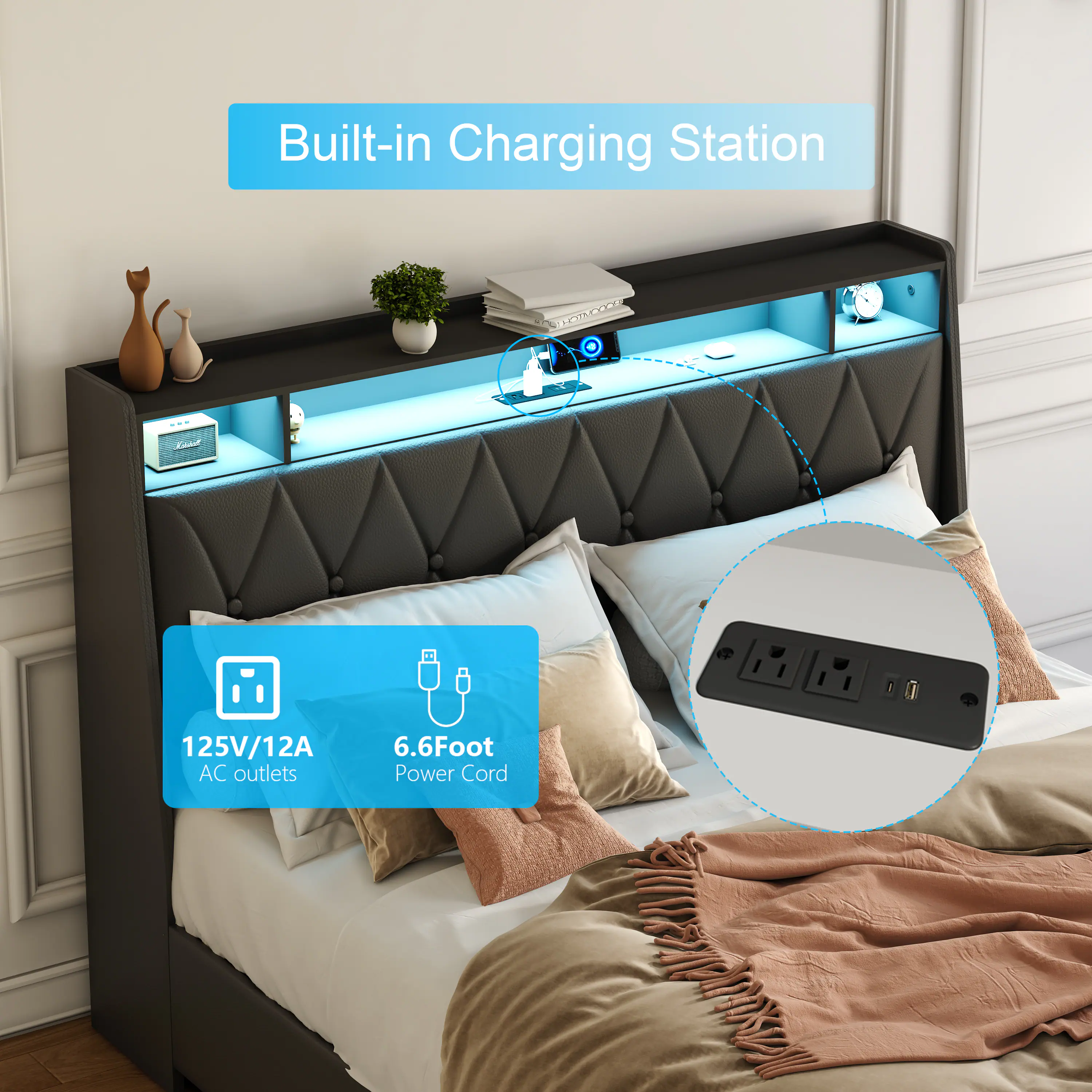Built-in Charging Station

125V/12A AC outlets

6.6Foot Power Cord