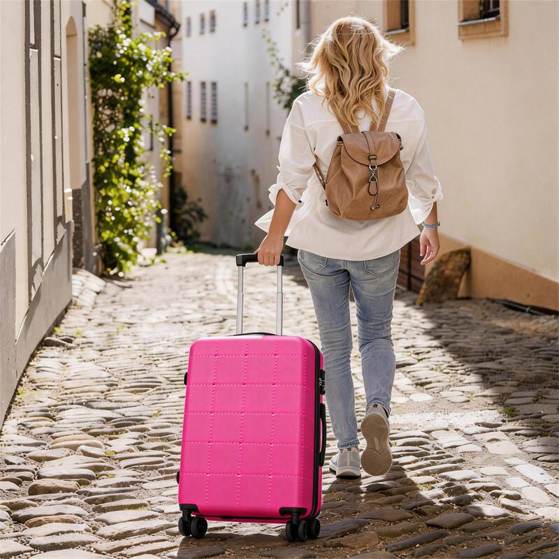 Angle. HTUTWOO - Hardside Luggage - 5 Piece with Bags -20" Half-opening Carry on with USB Port,Expandable 24"/28",Spinner Wheels,TSA Lock - Pink.