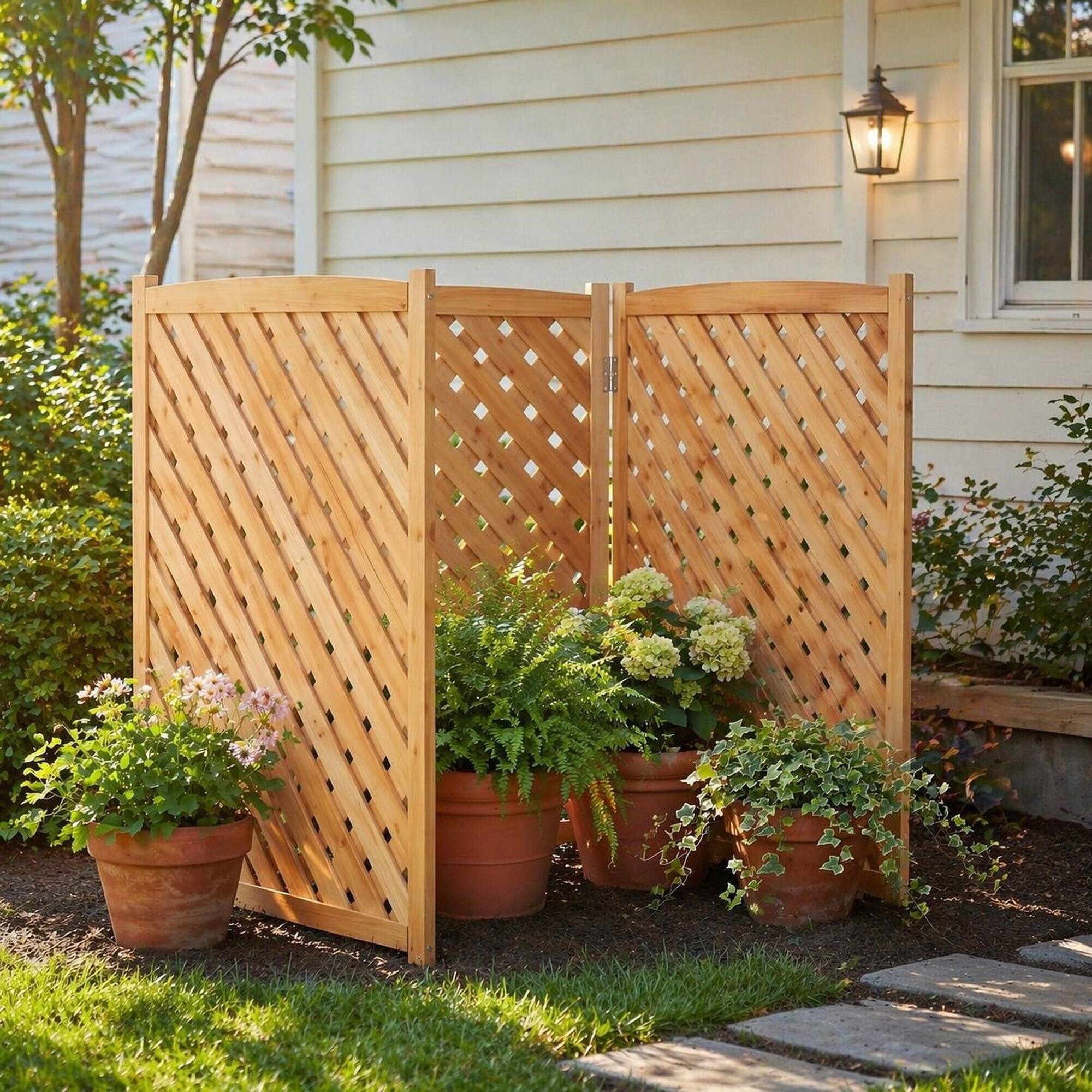 Alt View 2. RYHNUYNE - 3 Panel Wood Outdoor Privacy Fence Screen for Air Conditioner, 32 x 38 Inch Solid Wooden Patio Enclosure - Light Brown.