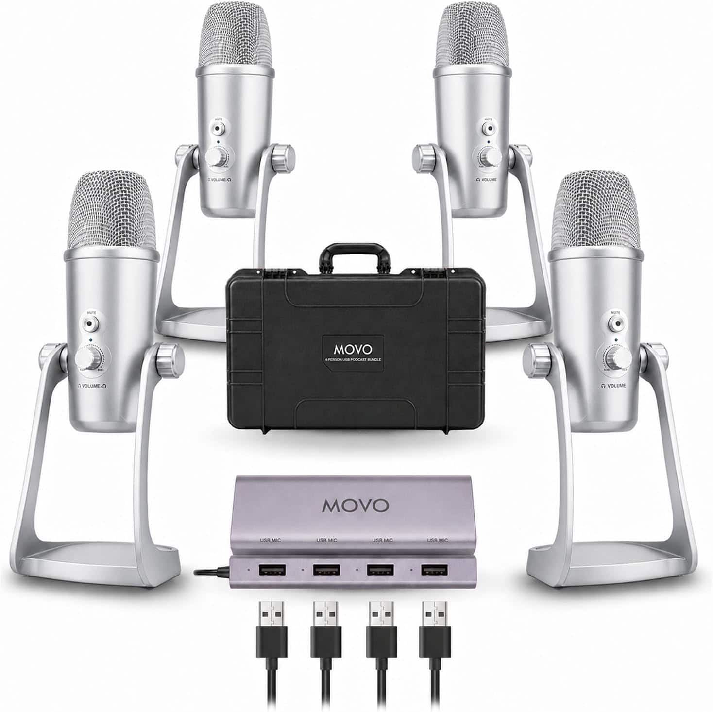 MOVO - 4-Person USB Podcast Equipment Bundle - 4 Condenser Mics, Hub & Case (Silver)