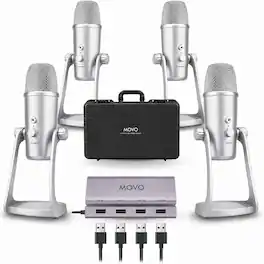 MOVO - 4-Person USB Podcast Equipment Bundle - 4 Condenser Mics, Hub & Case (Silver)
