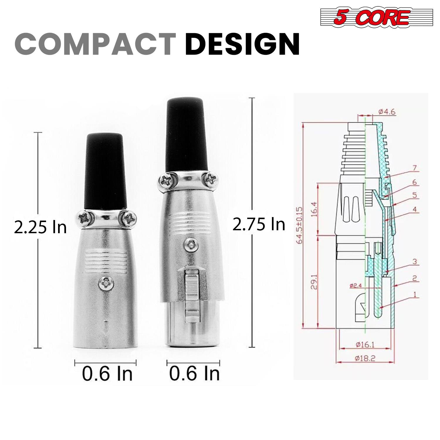 5 CORE COMPACT DESIGN

- 2.25 In
- 2.75 In
- 0.6 In
- 0.6 In

Dimensions:
- Ø4.6
- 64.5±0.15
- 16.4
- 29.1
- 22.4
- Ø16.1
- Ø18.2