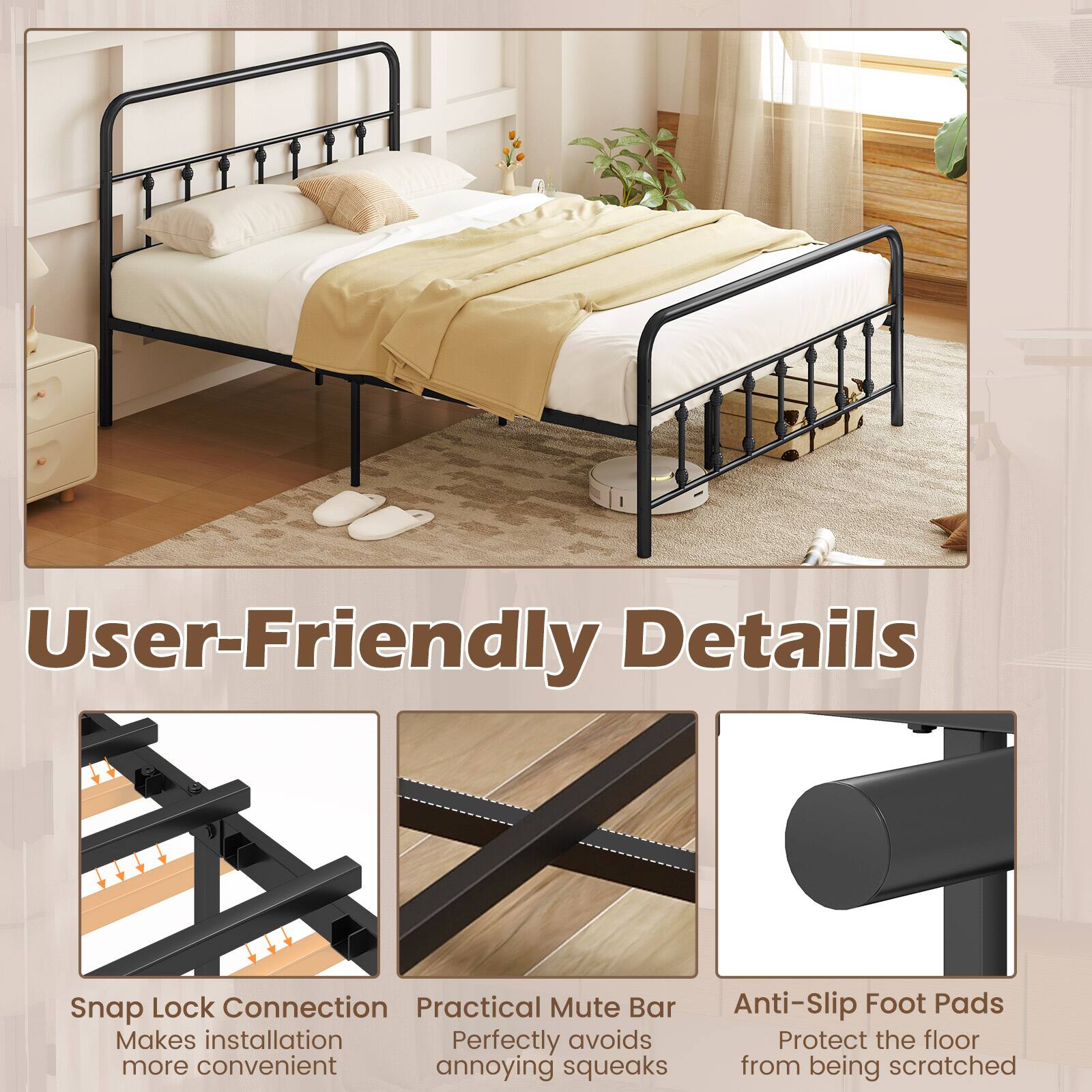 User-Friendly Details

Snap Lock Connection
Makes installation more convenient

Practical Mute Bar
Perfectly avoids annoying squeaks

Anti-Slip Foot Pads
Protect the floor from being scratched