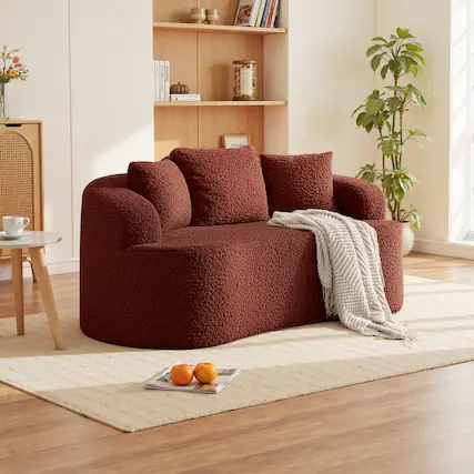 Front. KERDOM - 65" Boucle Curved Loveseat Sofa with Pillows for Living Room, Apartment, Small Space, Teddy Plush Floor Couch No Install - Red.