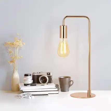 Front. Oumilen - Rose Gold Industrial Desk Lamp, 16in Tall, E26 Socket, Modern Metal Bedside Lamp (Bulb Not Included).