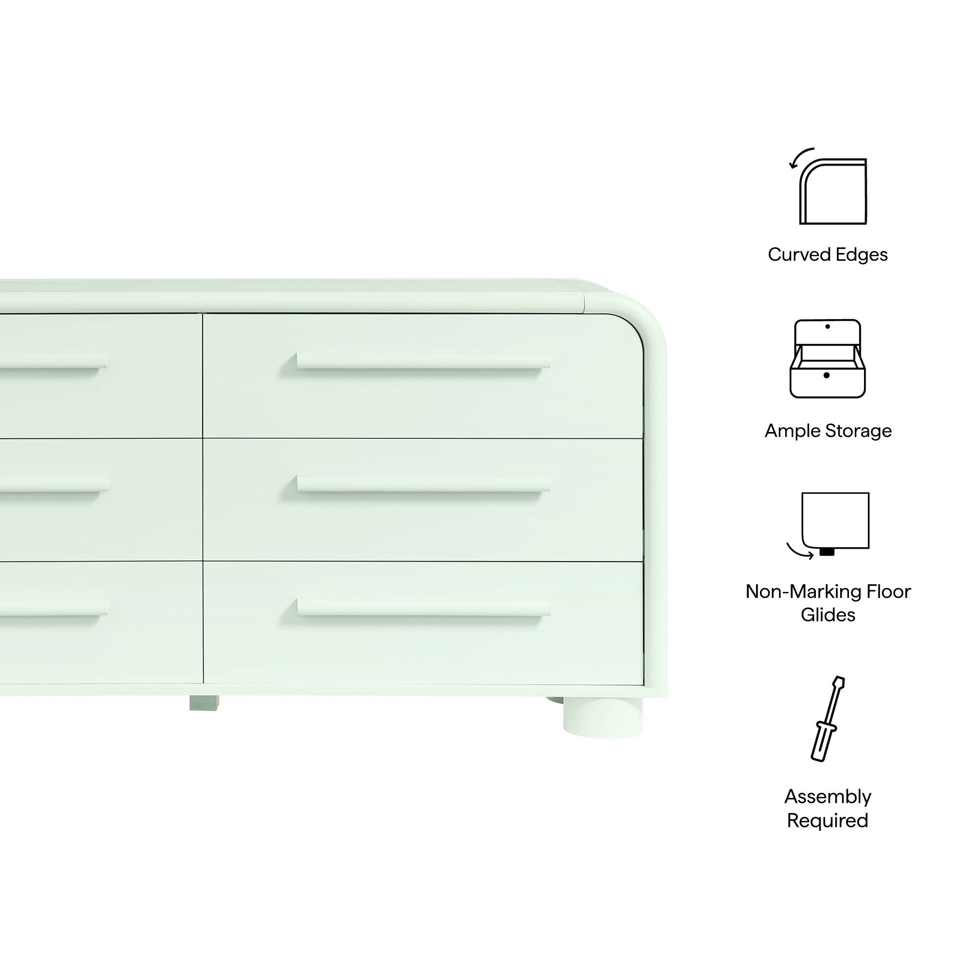 Curved Edges, Ample Storage, Non-Marking Floor Glides, Assembly Required