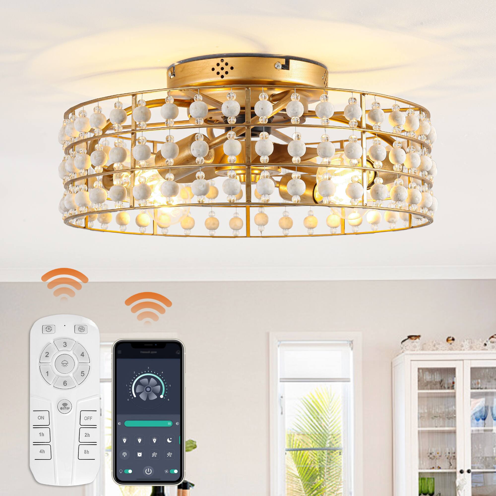 Parrot Uncle - 18.3 in. Caged Smart Ceiling Fan with Light and Remote and APP Control - Antique Gold