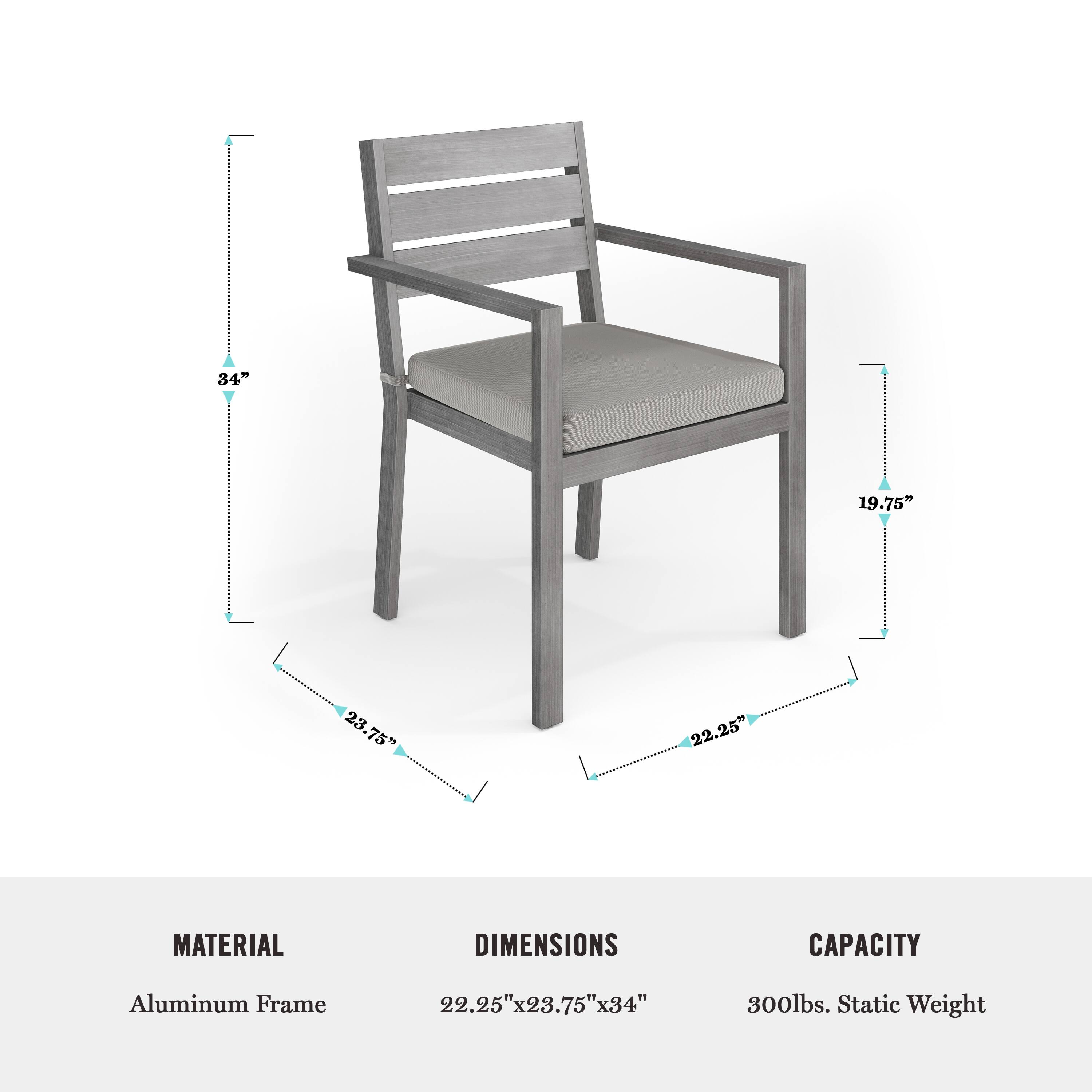 The text on the image is grouped and corrected as follows:

Material: Aluminum Frame
Dimensions: 22.25' 2.25"x23.75"x34"
Capacity: 800lbs. Static Weight